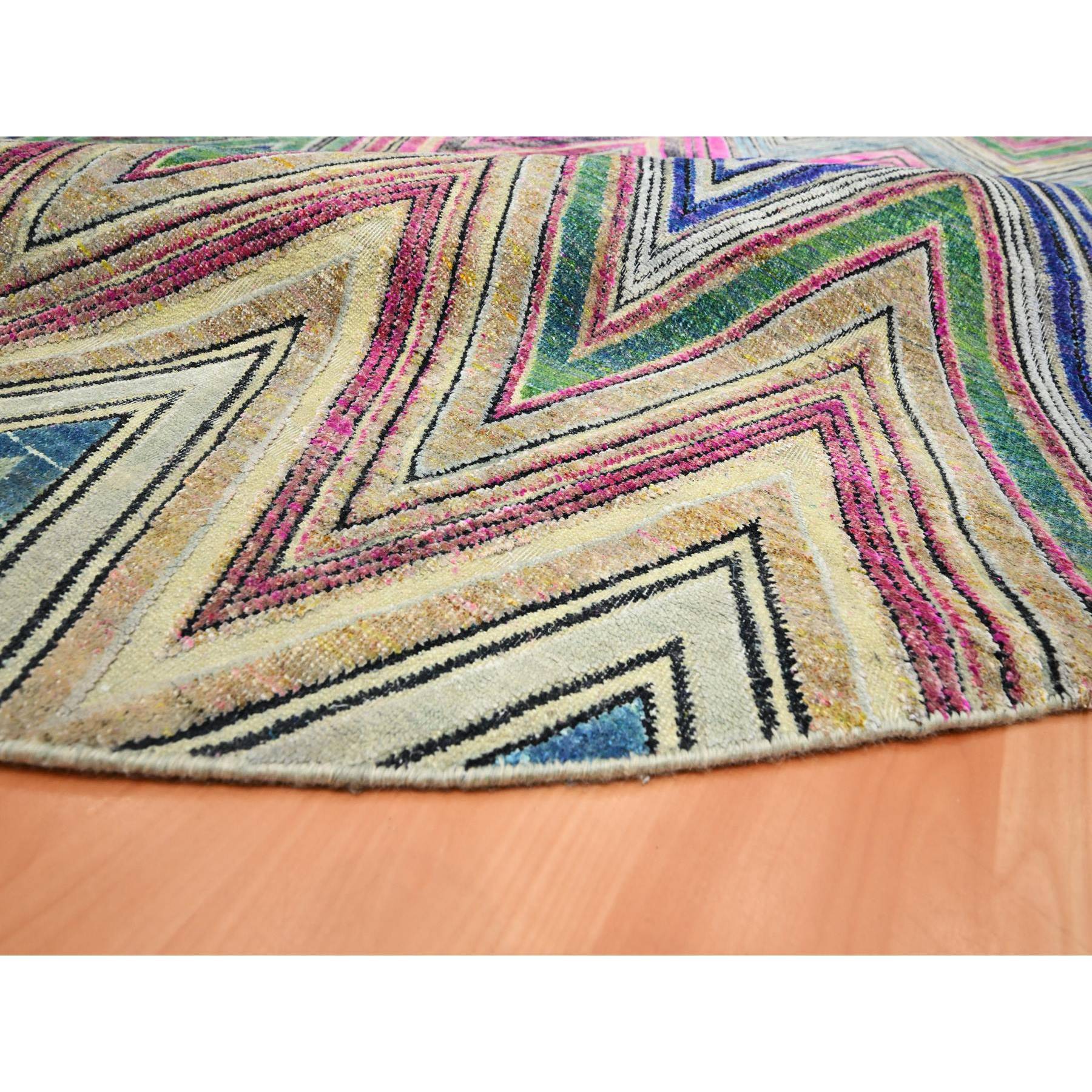 11'9"x11'9" Fuscia Pink, Colorful Chevron Design, Hand Knotted, Sari Silk with Textured Wool, Round, Oriental Rug Sh75567