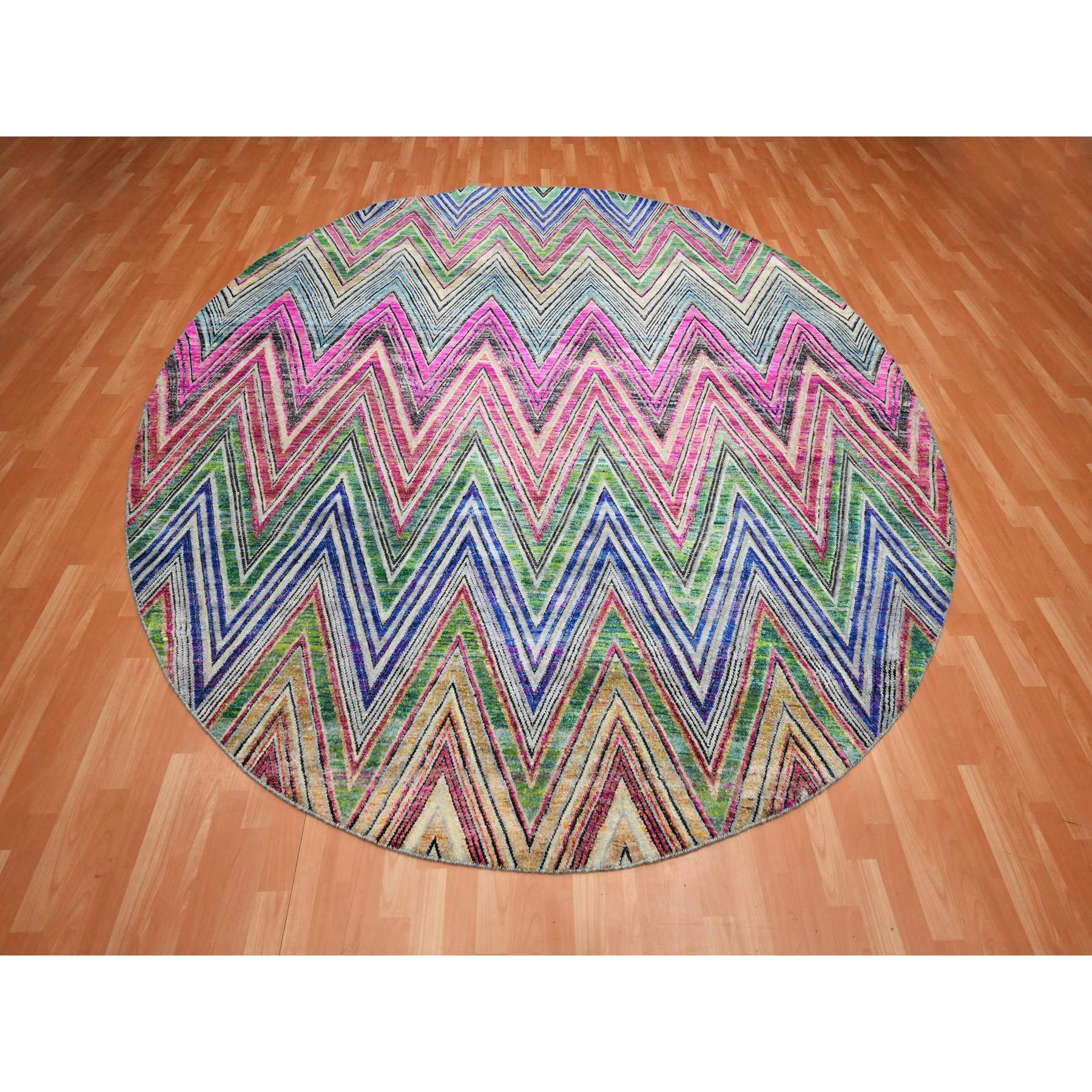 9'10"x9'10" Hot Pink, Colorful Chevron Design, Hand Knotted, Sari Silk with Textured Wool, Round, Oriental Rug Sh75568