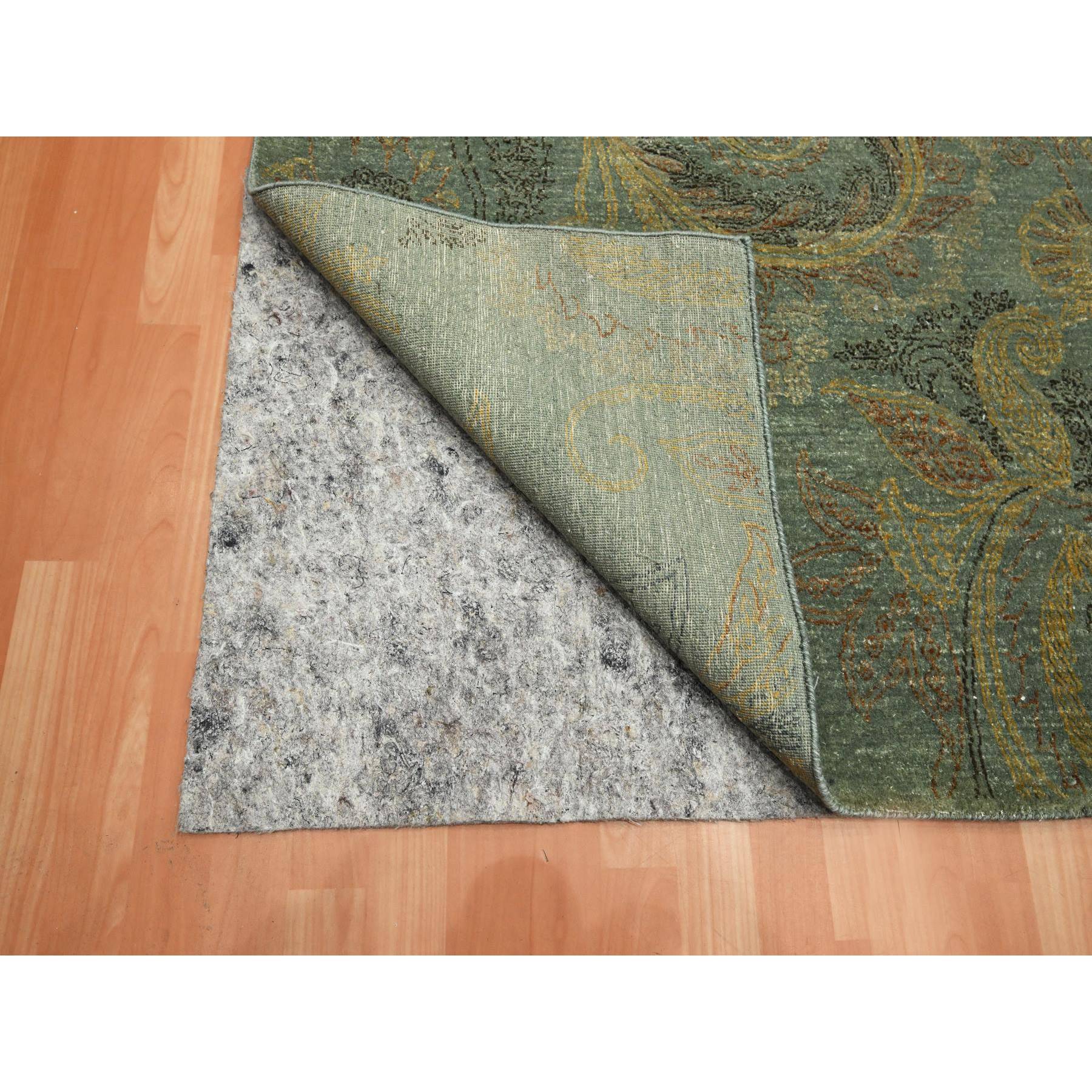 9'x11'8" Hedge Green with Gold, Paisley Design, Wool & Silk, Soft to the Touch, Hand Knotted, Oriental Rug Sh75569