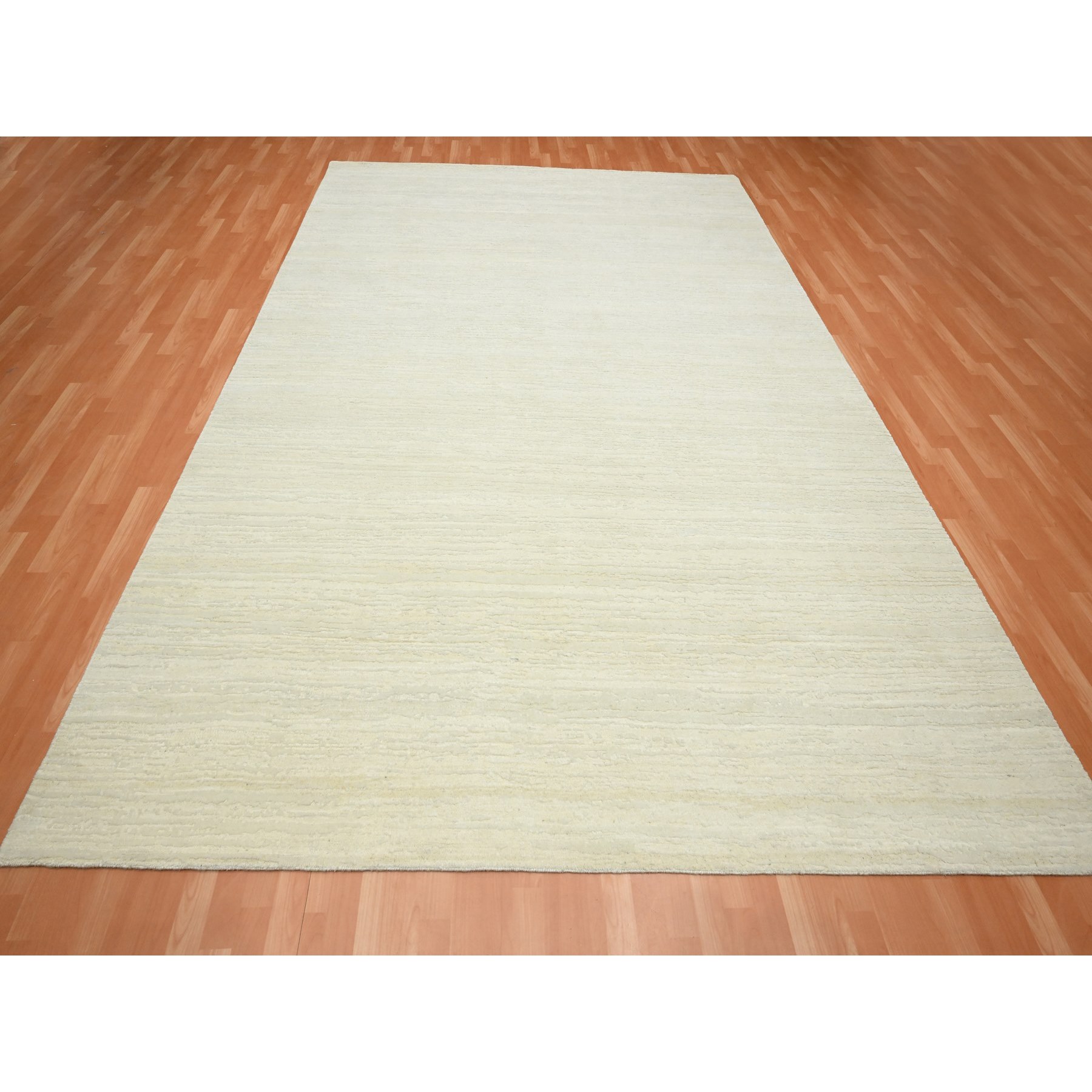 9'x11'10" Chiffon White, Plain Solid Design, Textured Wool, Hi-Low Pile, Hand Knotted, Oriental Rug Sh75570