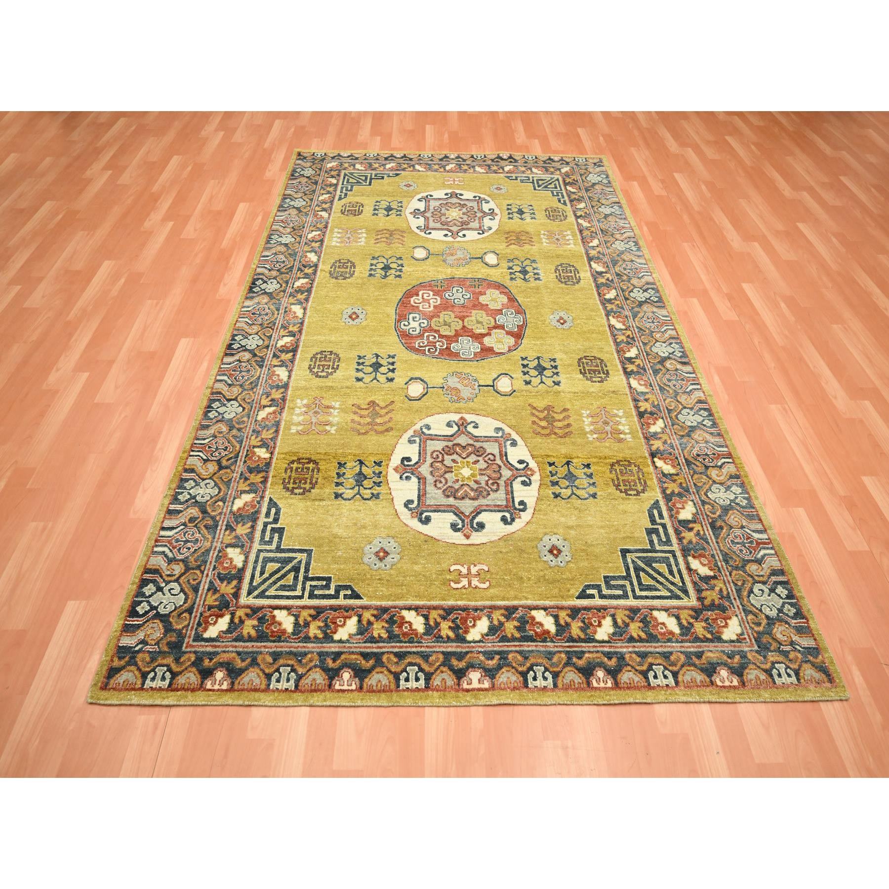 6'1"x9'4" Greenish Yellow, Khotan Influence, Shaved Low, Distressed, Zero Pile, Hand Knotted, 100% Wool, Oriental Rug Sh75572