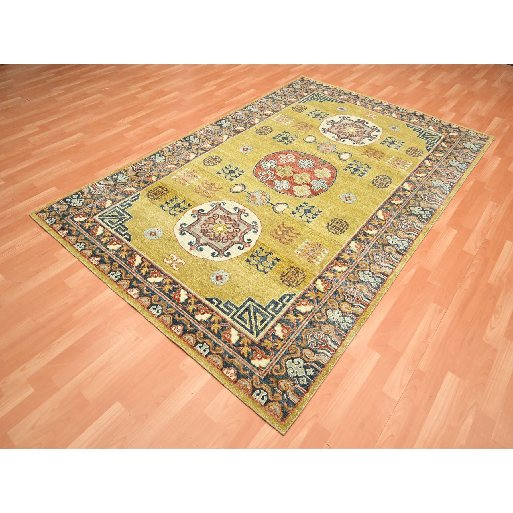 6'1"x9'4" Greenish Yellow, Khotan Influence, Shaved Low, Distressed, Zero Pile, Hand Knotted, 100% Wool, Oriental Rug Sh75572