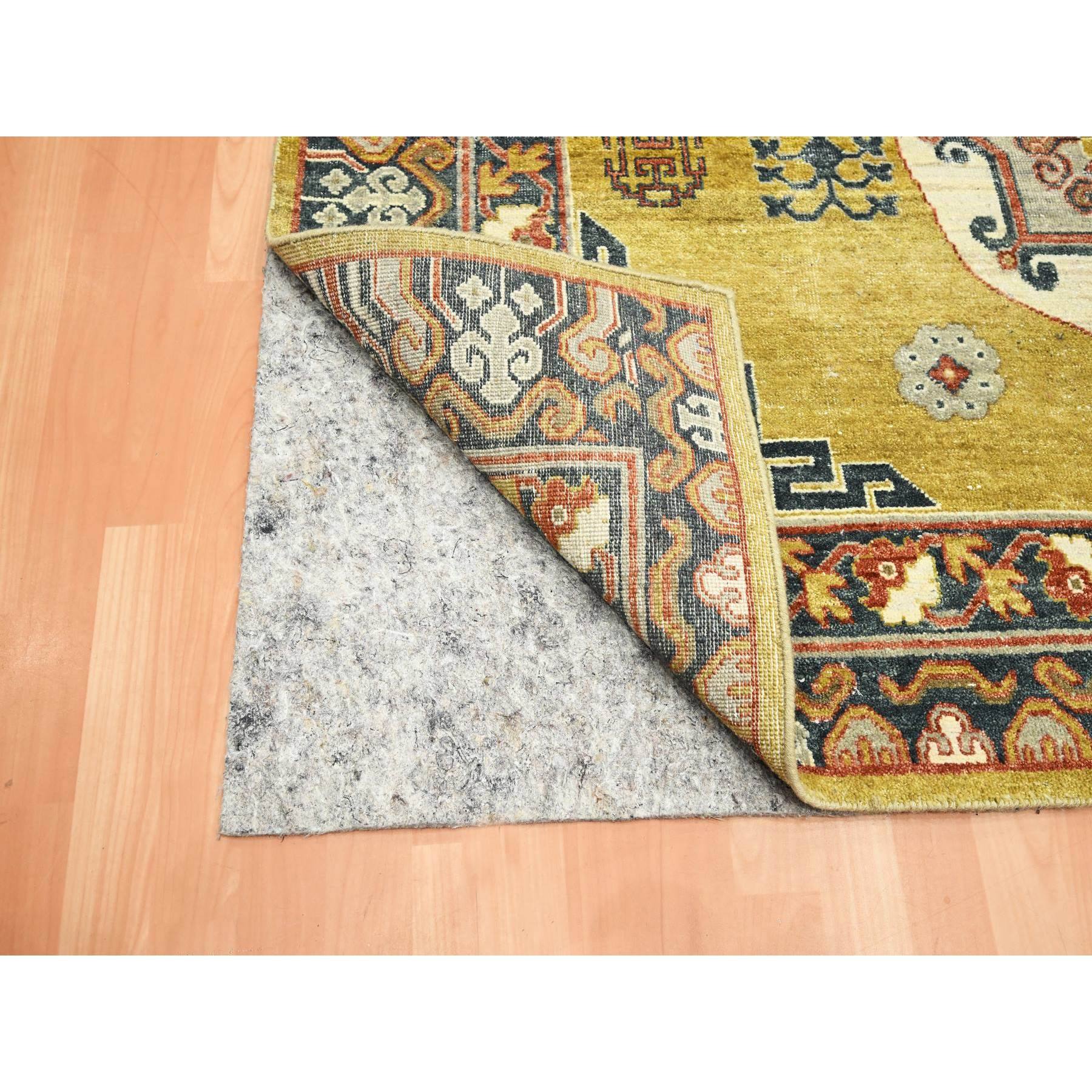 6'1"x9'4" Greenish Yellow, Khotan Influence, Shaved Low, Distressed, Zero Pile, Hand Knotted, 100% Wool, Oriental Rug Sh75572