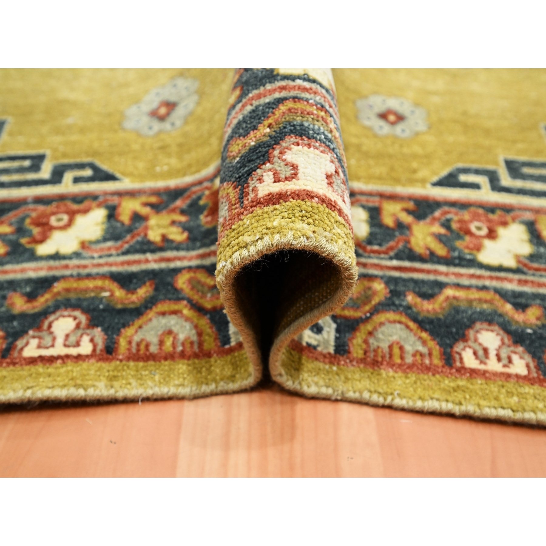 6'1"x9'4" Greenish Yellow, Khotan Influence, Shaved Low, Distressed, Zero Pile, Hand Knotted, 100% Wool, Oriental Rug Sh75572