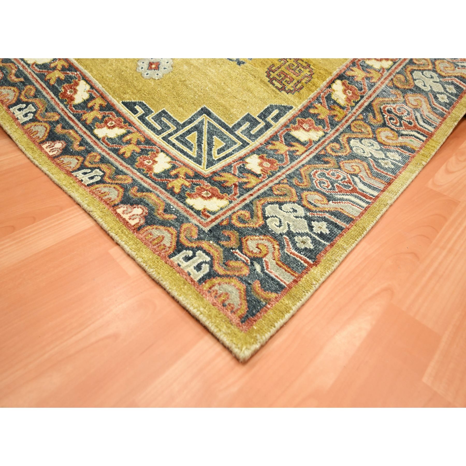 6'1"x9'4" Greenish Yellow, Khotan Influence, Shaved Low, Distressed, Zero Pile, Hand Knotted, 100% Wool, Oriental Rug Sh75572