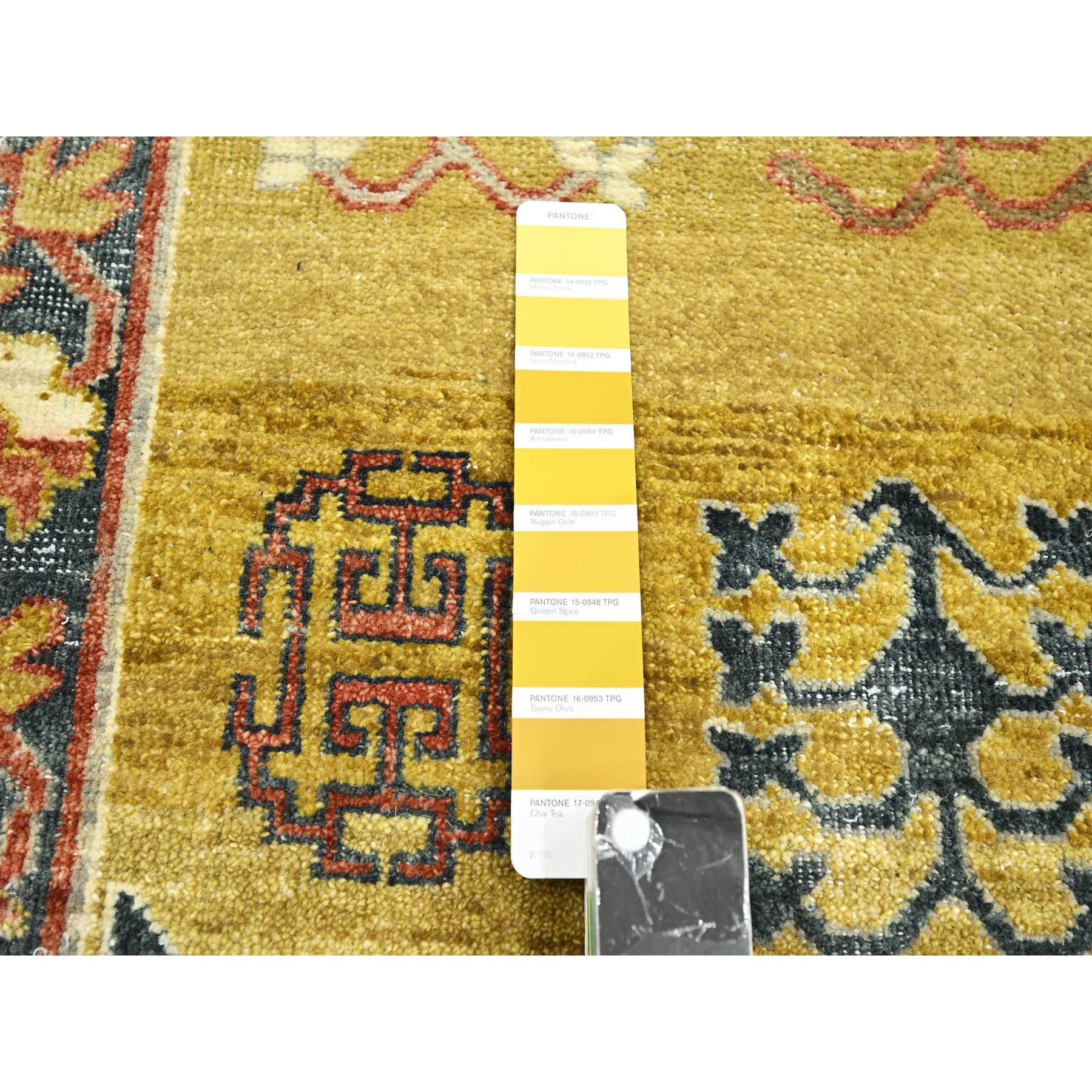 6'1"x9'4" Greenish Yellow, Khotan Influence, Shaved Low, Distressed, Zero Pile, Hand Knotted, 100% Wool, Oriental Rug Sh75572