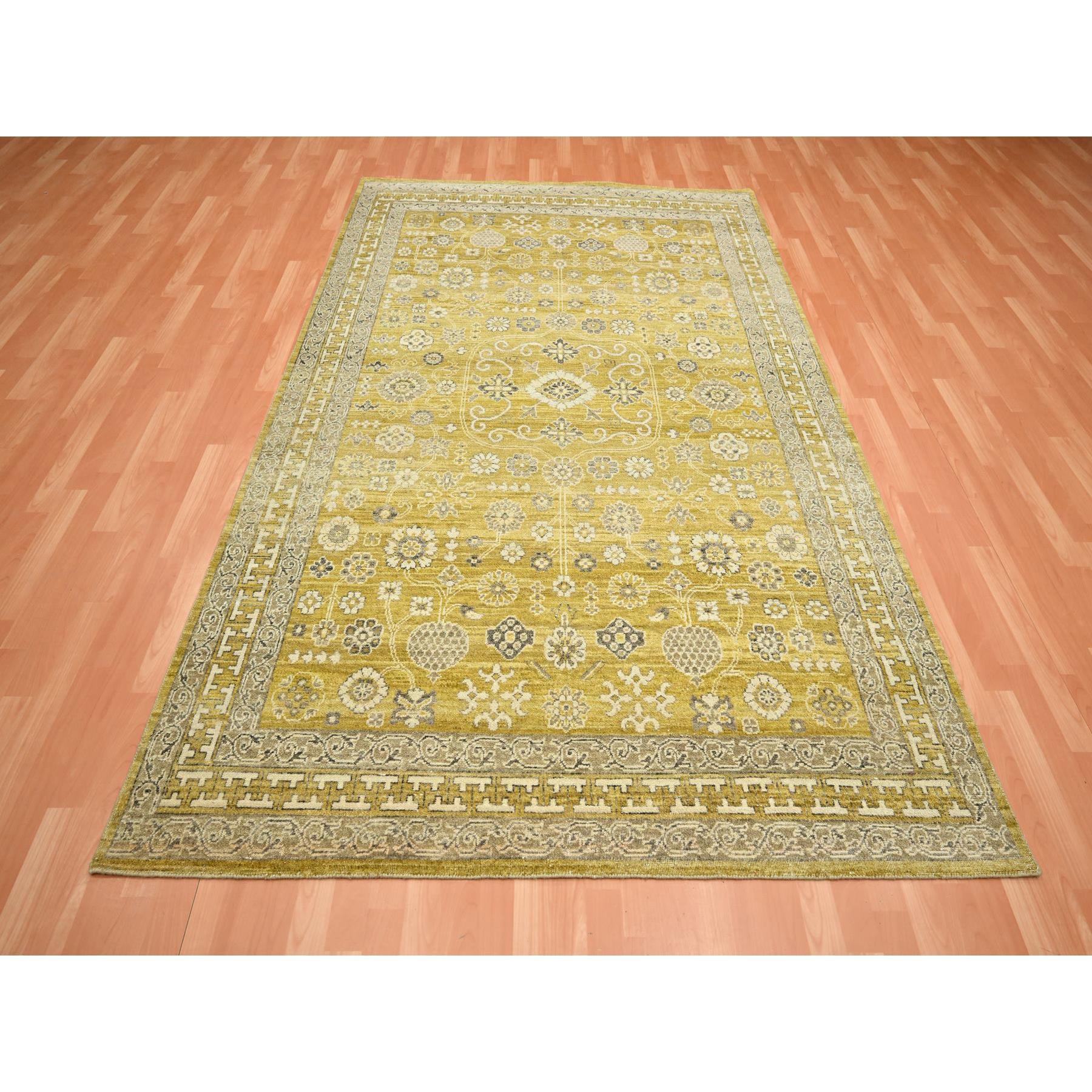 6'2"x9'3" Goldie Green, Samarkand Influence with Distinct Abrash, Zero Pile, Shaved Low, Hand Knotted, 100% Wool, Oriental Rug Sh75573