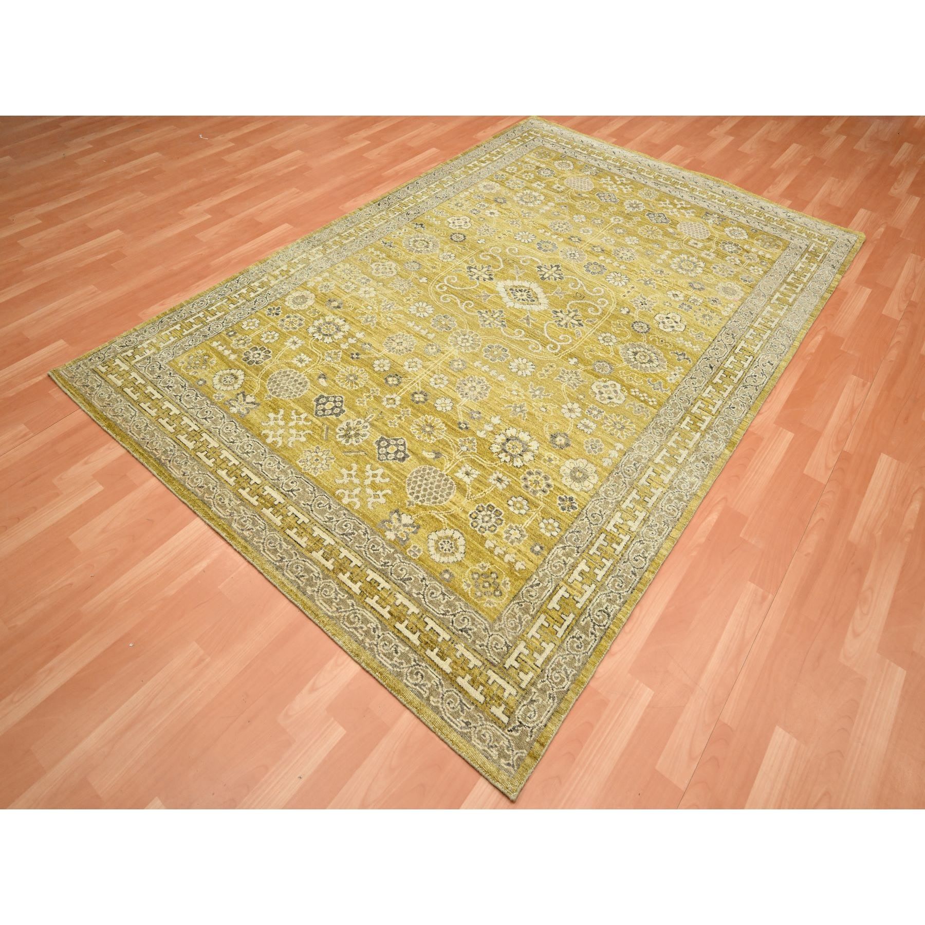 6'2"x9'3" Goldie Green, Samarkand Influence with Distinct Abrash, Zero Pile, Shaved Low, Hand Knotted, 100% Wool, Oriental Rug Sh75573