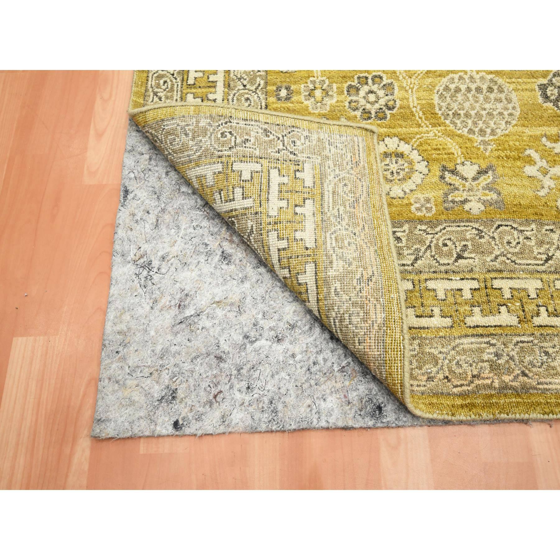 6'2"x9'3" Goldie Green, Samarkand Influence with Distinct Abrash, Zero Pile, Shaved Low, Hand Knotted, 100% Wool, Oriental Rug Sh75573