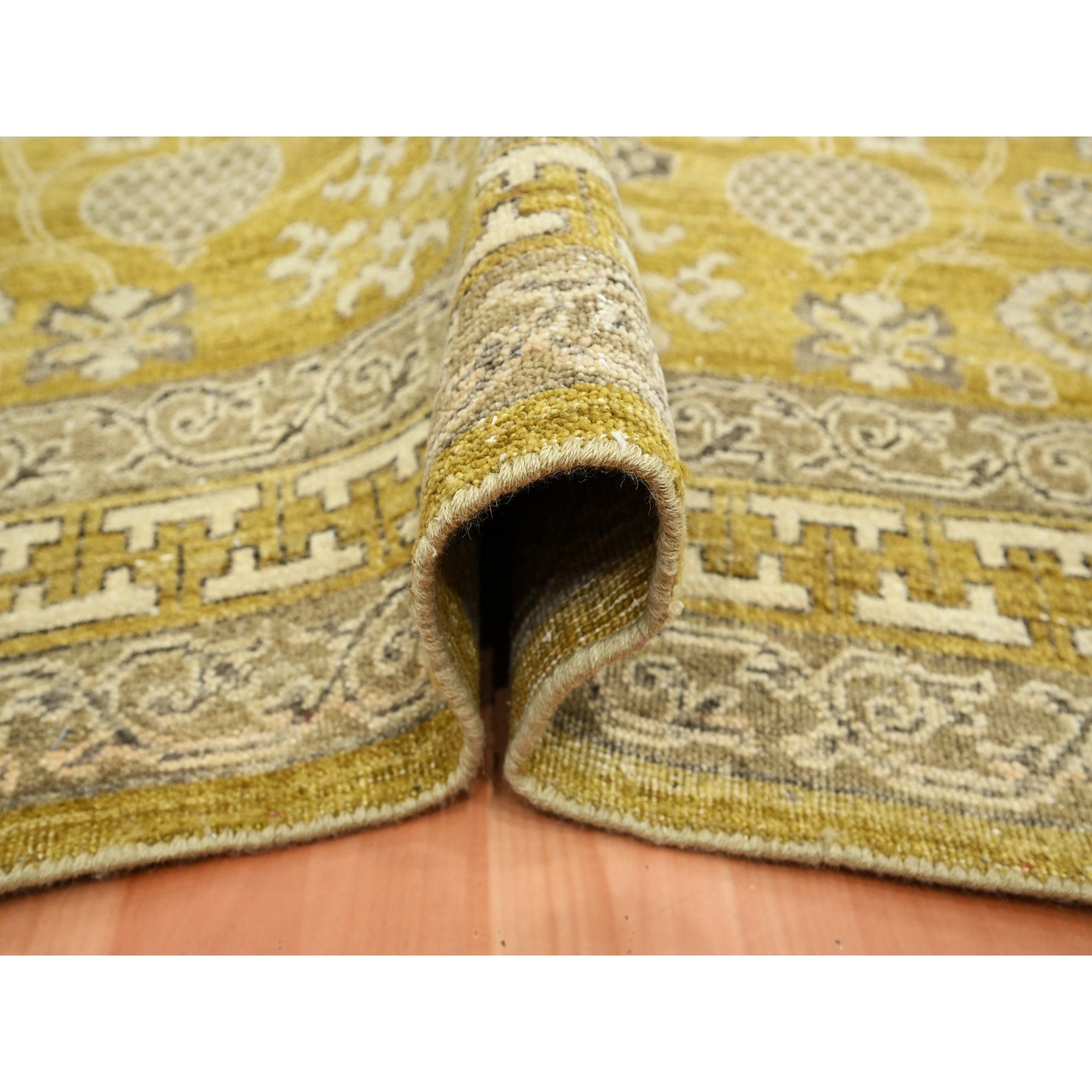 6'2"x9'3" Goldie Green, Samarkand Influence with Distinct Abrash, Zero Pile, Shaved Low, Hand Knotted, 100% Wool, Oriental Rug Sh75573