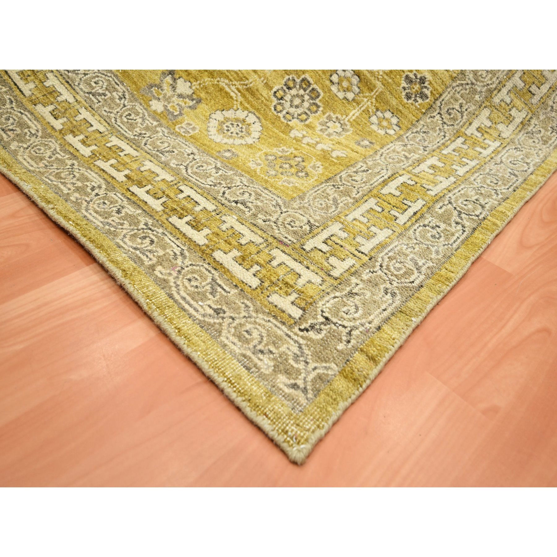 6'2"x9'3" Goldie Green, Samarkand Influence with Distinct Abrash, Zero Pile, Shaved Low, Hand Knotted, 100% Wool, Oriental Rug Sh75573