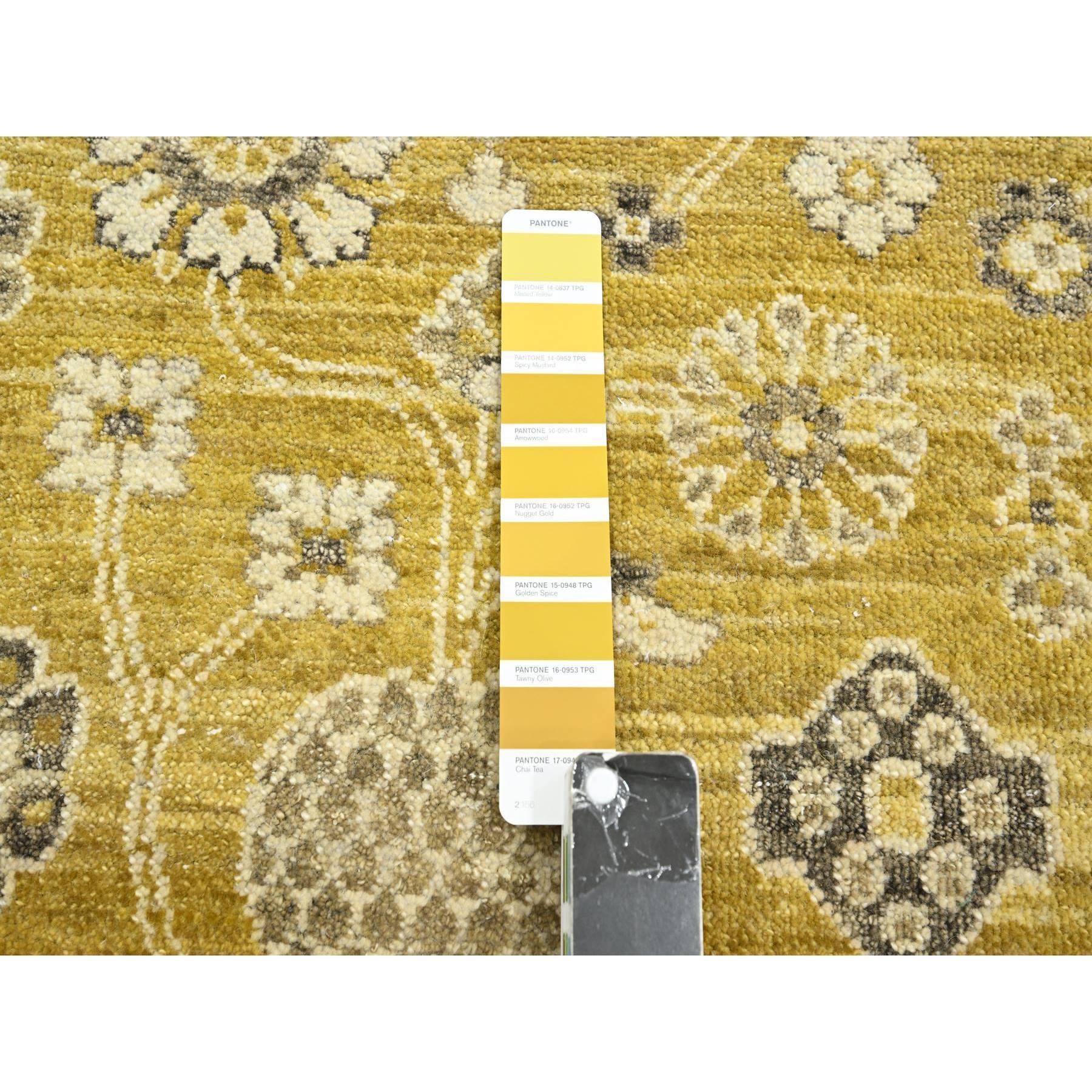 6'2"x9'3" Goldie Green, Samarkand Influence with Distinct Abrash, Zero Pile, Shaved Low, Hand Knotted, 100% Wool, Oriental Rug Sh75573