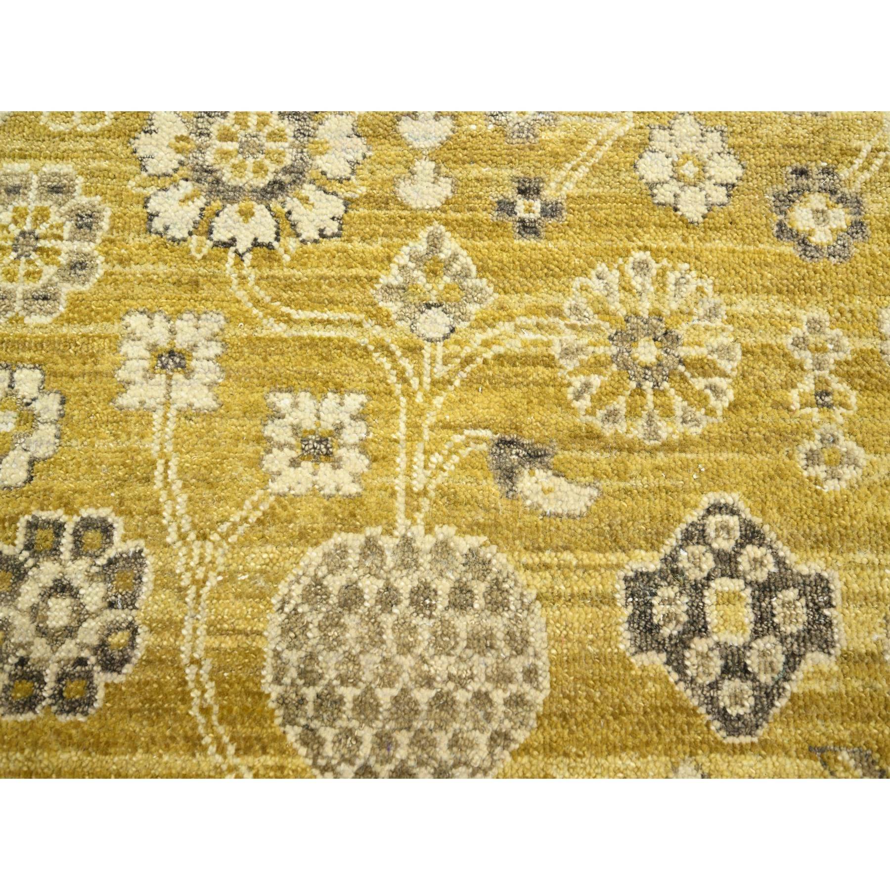 6'2"x9'3" Goldie Green, Samarkand Influence with Distinct Abrash, Zero Pile, Shaved Low, Hand Knotted, 100% Wool, Oriental Rug Sh75573