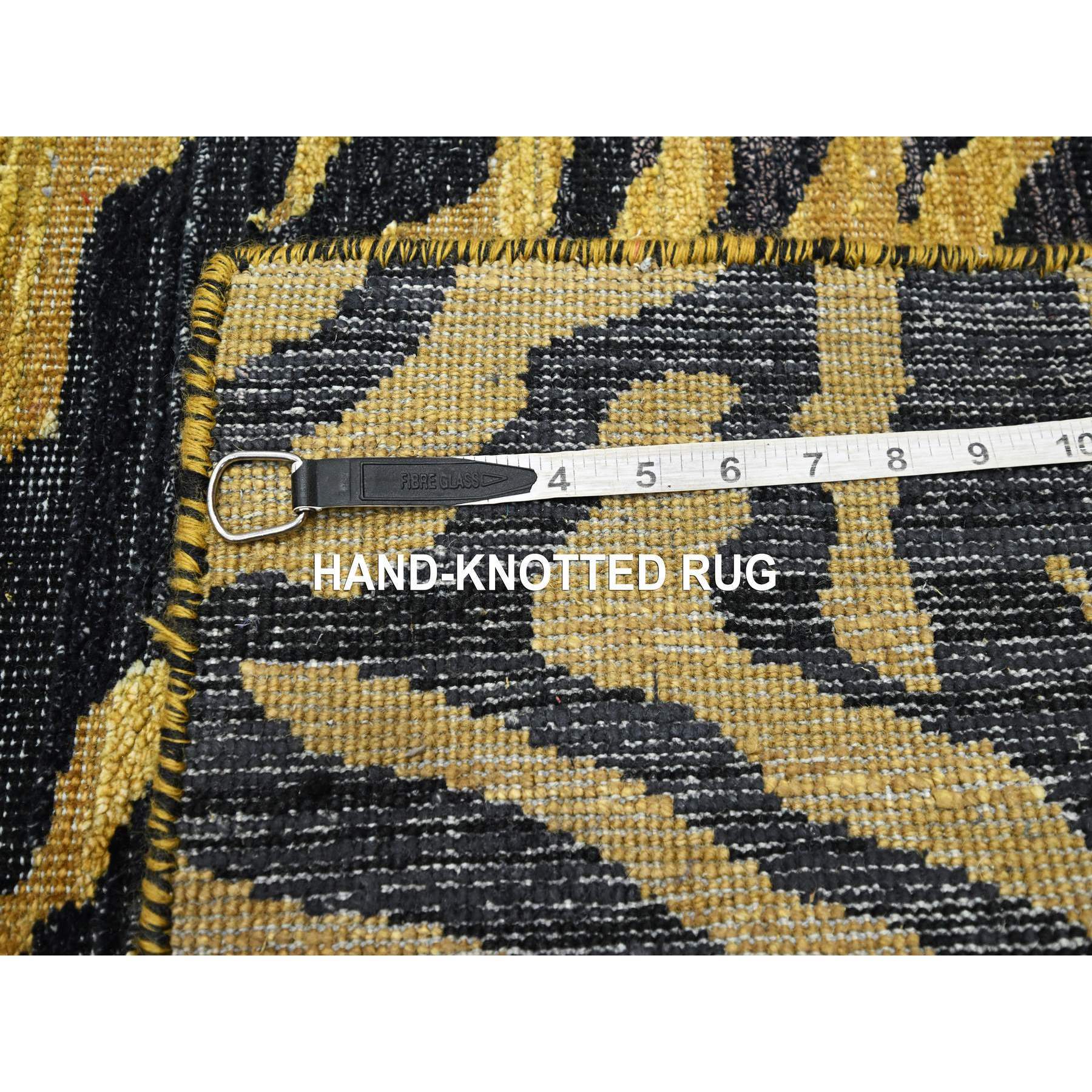 2'6"x12' Jade Black wih Gold, Tiger Skin Design, 100% Textured Wool, Hand Knotted, Runner, Oriental Rug Sh75574