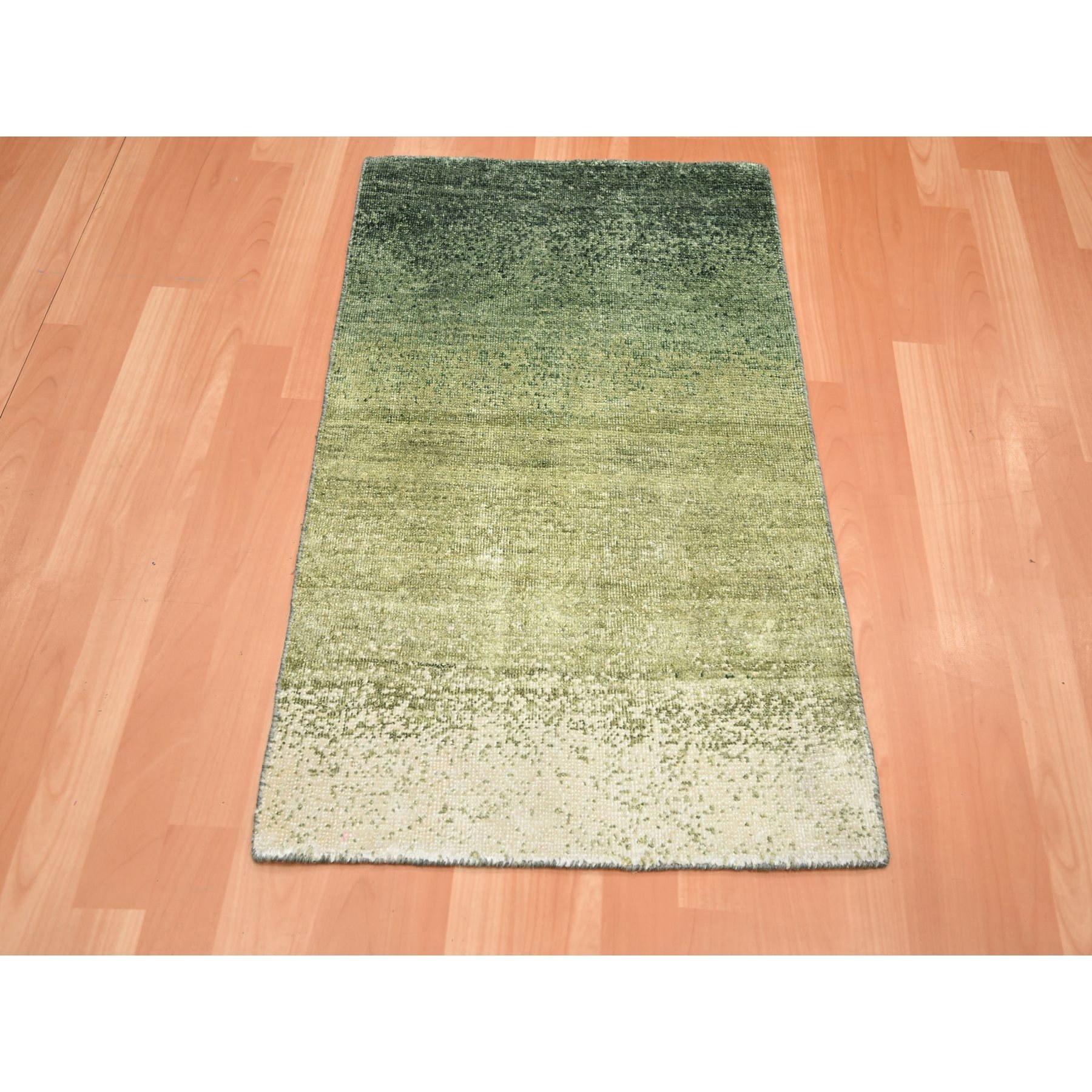 2'x3' Shades of Green, 100% Silk, Textured with Gradation Design, Shaved Low, Sample, Mat, Oriental Rug Sh75575