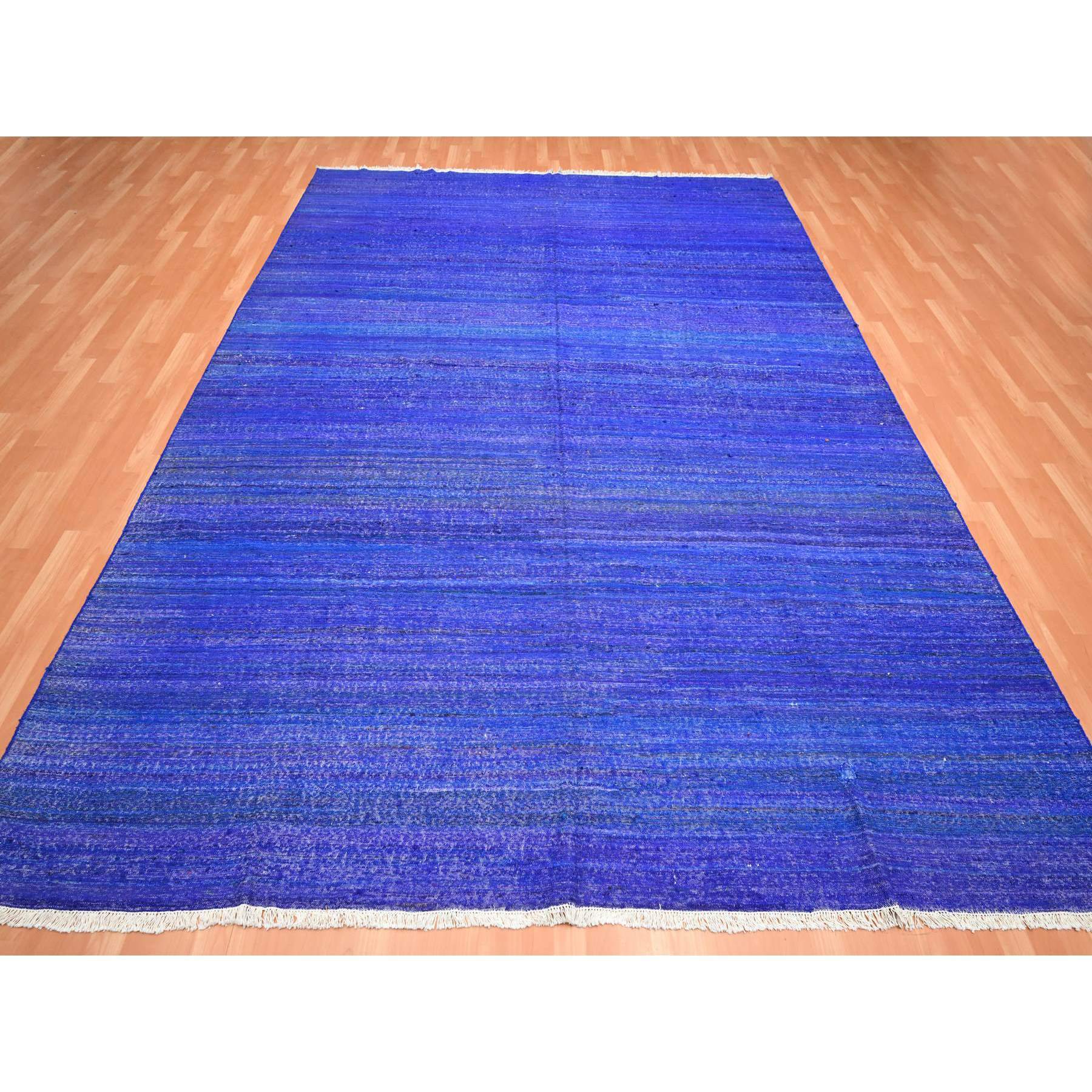 9'2"x11'8" Admiral Blue, Sari Silk, Plain Design, Flat Weave Kilim, Hand Woven, Oriental Rug Sh75576