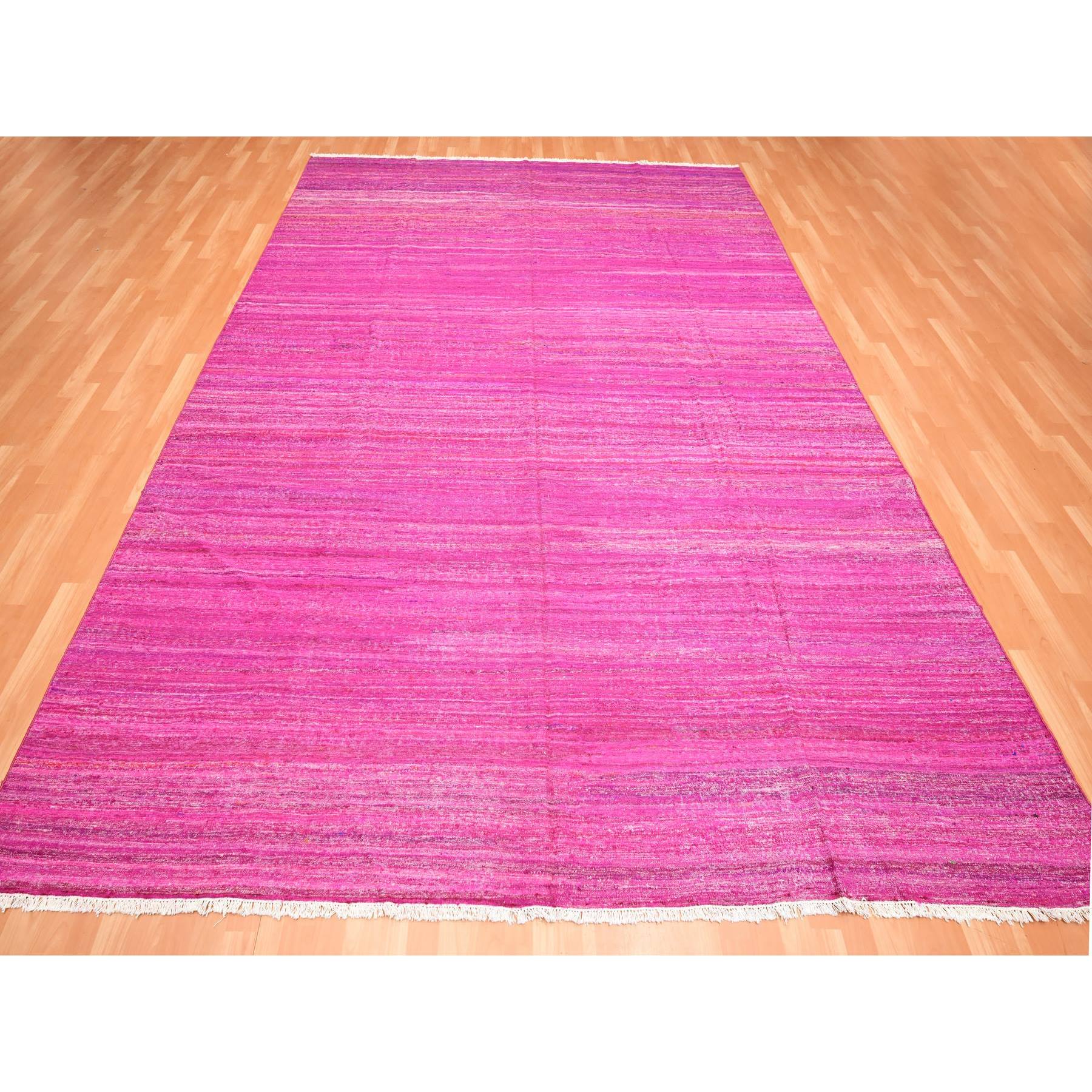 9'1"x11'7" Hot Pink, Sari Silk, Solid Design Kilim, Flat Weave, Hand Woven, Oriental Rug Sh75577