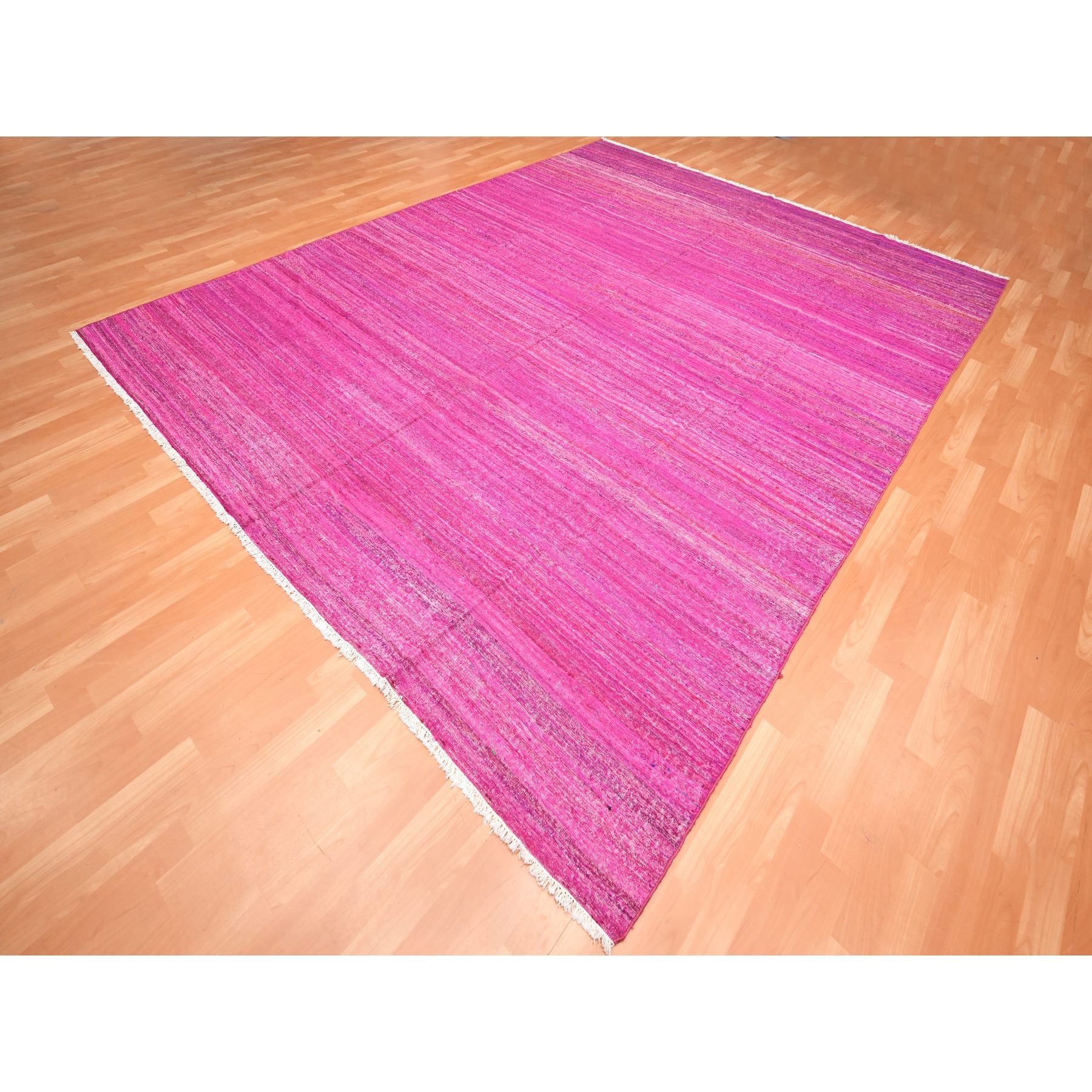 9'1"x11'7" Hot Pink, Sari Silk, Solid Design Kilim, Flat Weave, Hand Woven, Oriental Rug Sh75577