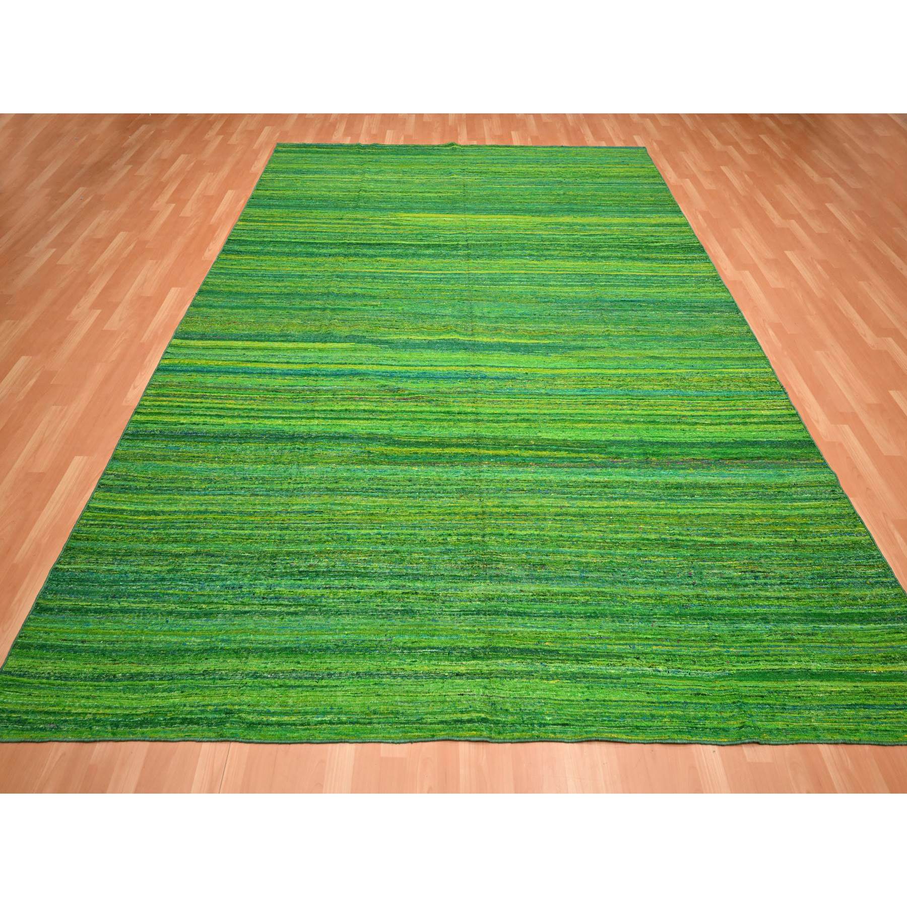 9'1'x11'8" Shades of Green, Sari Silk, Plain Design Kilim, Flat Weave, Hand Woven, Oriental Rug Sh75578