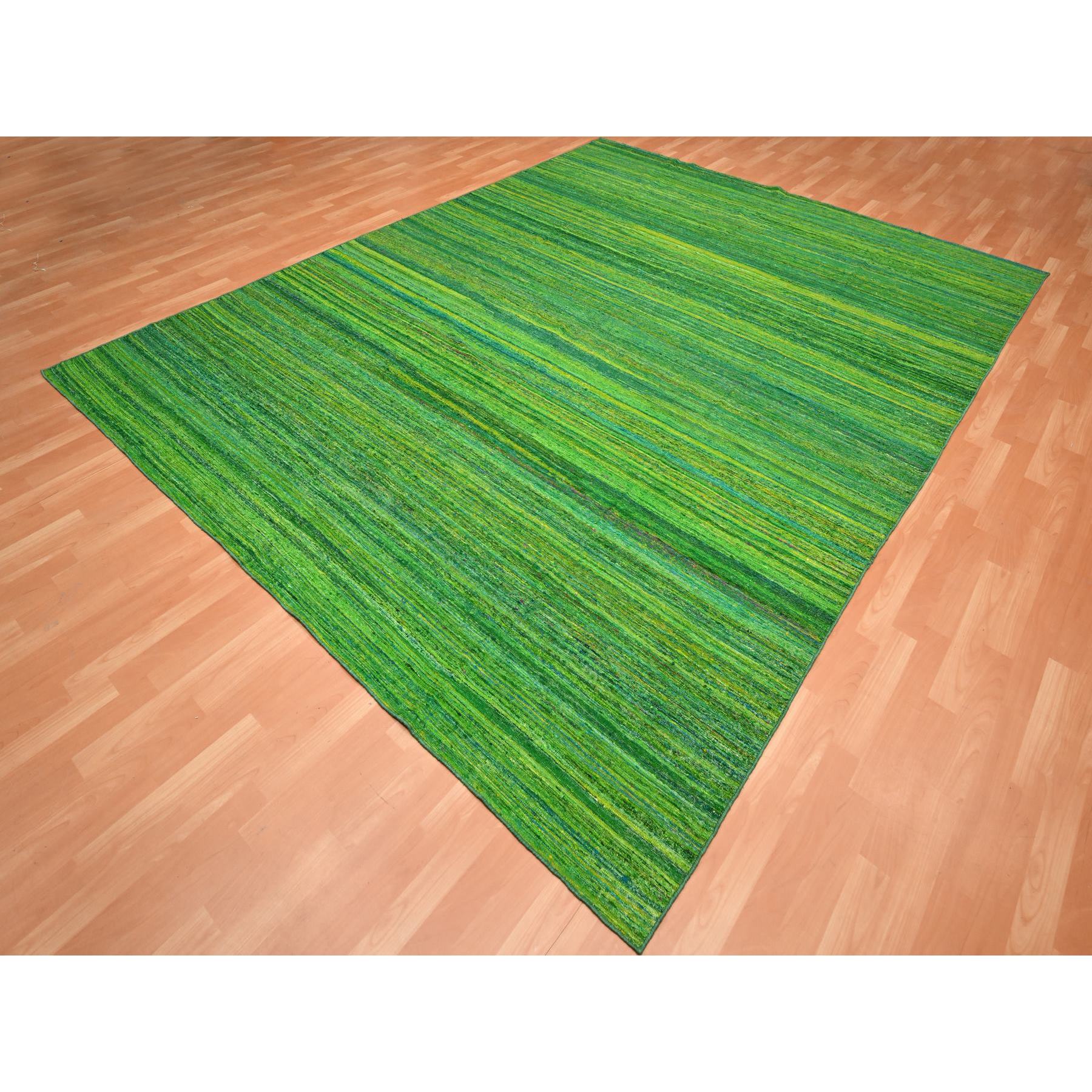 9'1'x11'8" Shades of Green, Sari Silk, Plain Design Kilim, Flat Weave, Hand Woven, Oriental Rug Sh75578