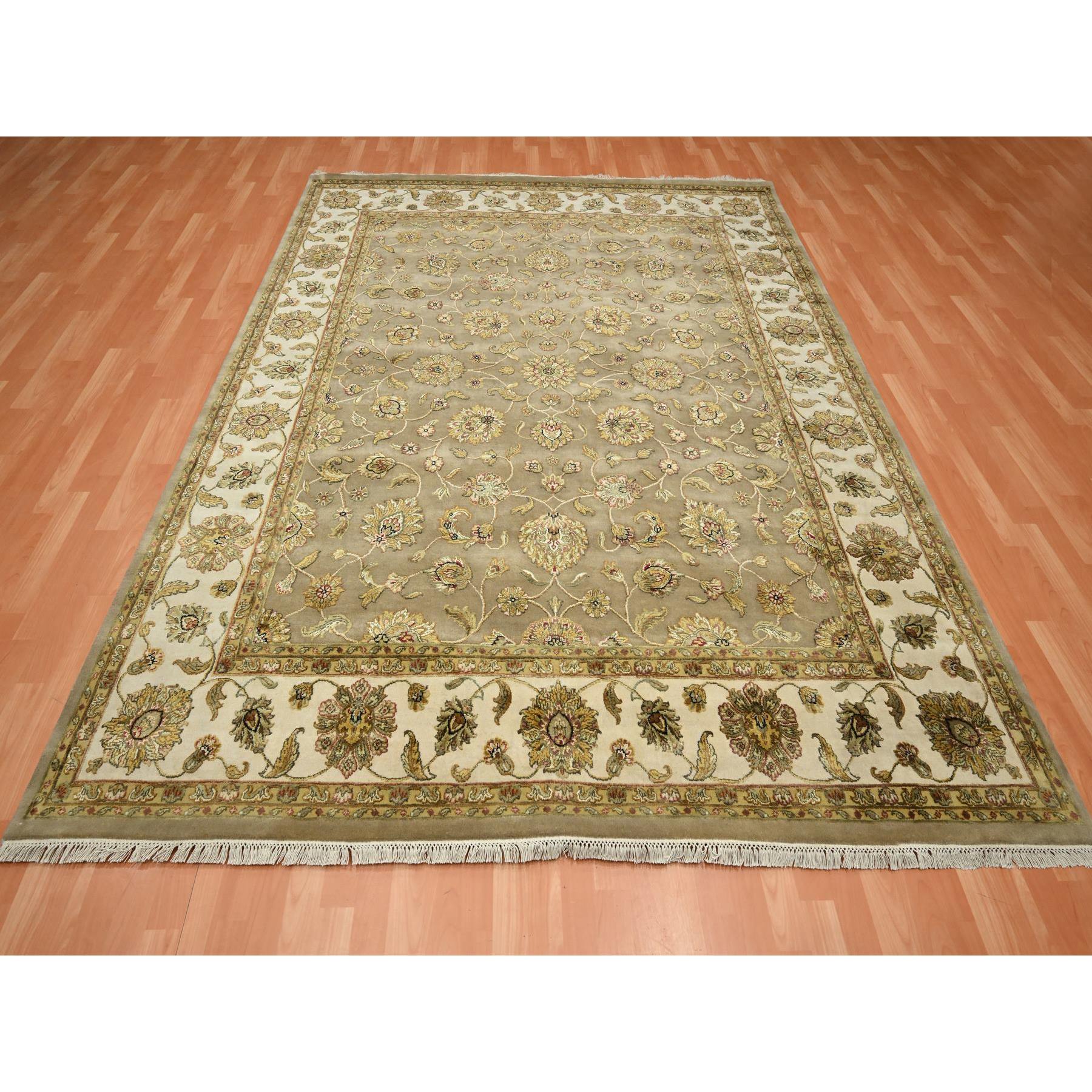 7'10"x9'10" Dark Vanilla Brown, Rajasthan with All Over Leaf Design, Hand Knotted, Wool and Silk, Thick and Plush, Oriental Rug Sh75579