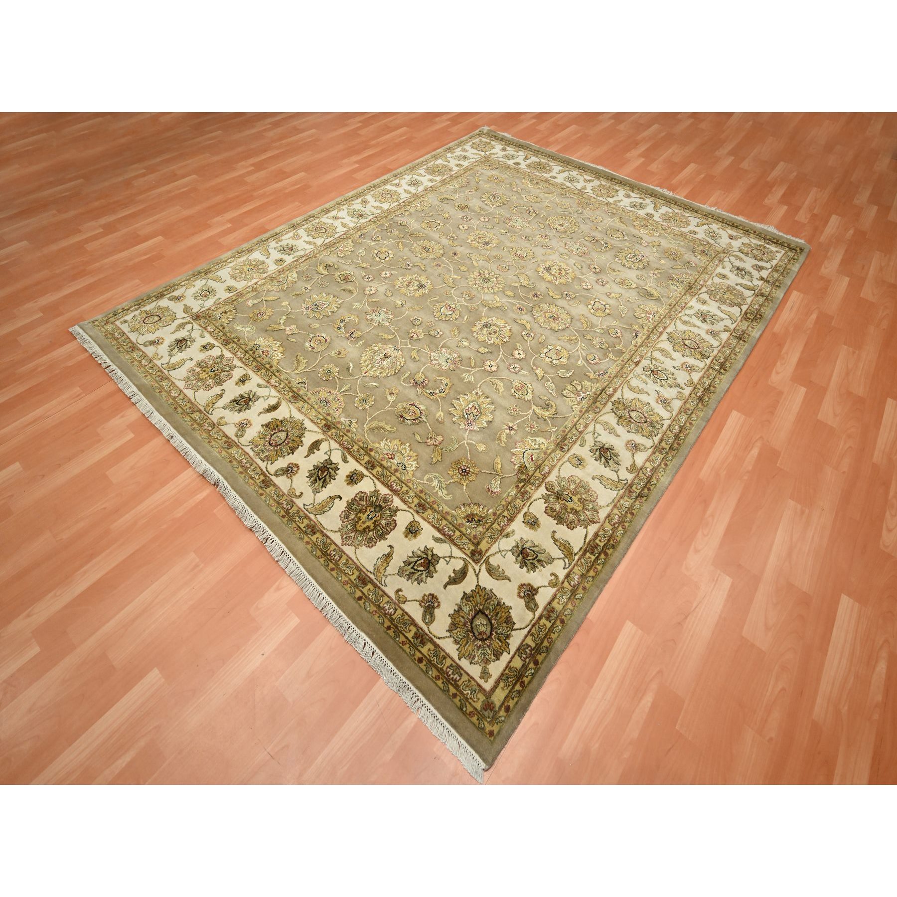 7'10"x9'10" Dark Vanilla Brown, Rajasthan with All Over Leaf Design, Hand Knotted, Wool and Silk, Thick and Plush, Oriental Rug Sh75579
