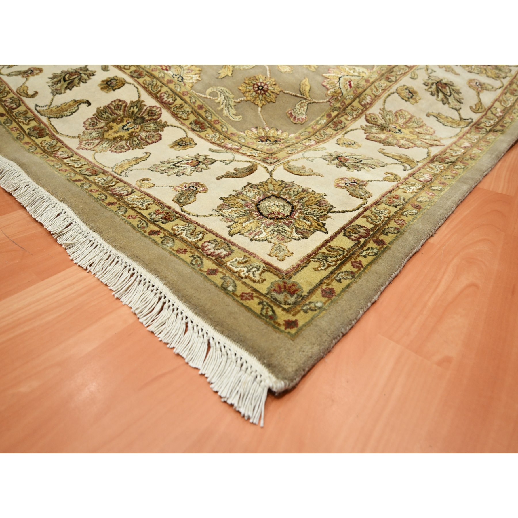7'10"x9'10" Dark Vanilla Brown, Rajasthan with All Over Leaf Design, Hand Knotted, Wool and Silk, Thick and Plush, Oriental Rug Sh75579