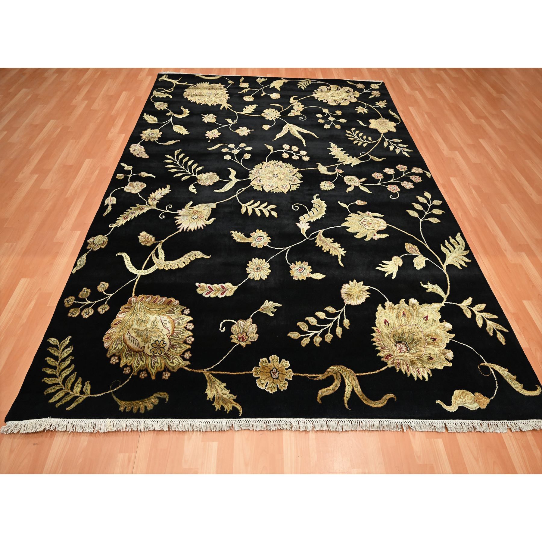 8'2'x10' Onyx Black, Borderless Botanical Design, Half Wool and Half Silk, Densely Woven, Soft Pile, Hand Knotted, Oriental Rug Sh75580