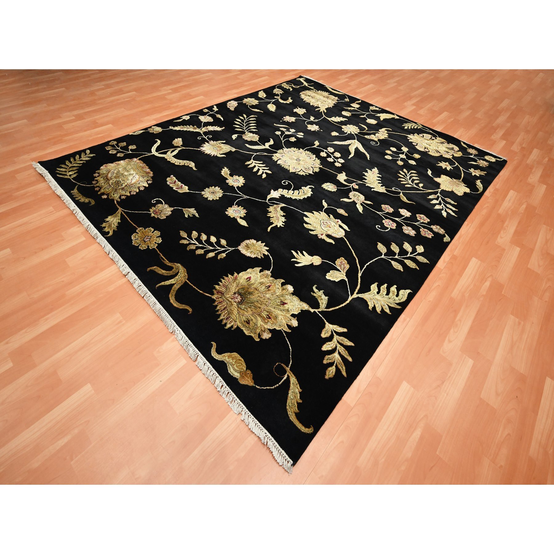 8'2'x10' Onyx Black, Borderless Botanical Design, Half Wool and Half Silk, Densely Woven, Soft Pile, Hand Knotted, Oriental Rug Sh75580