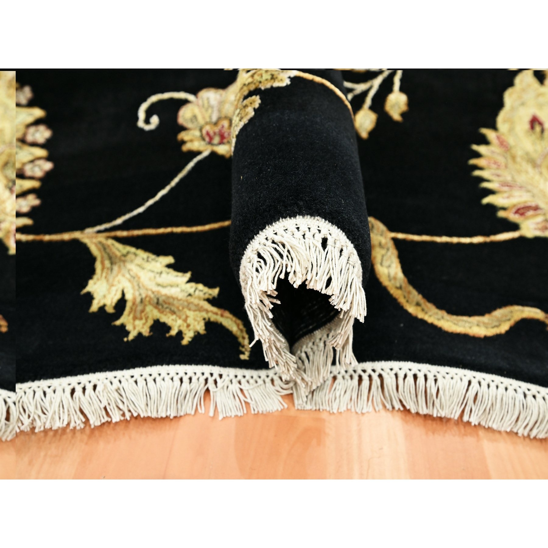 8'2'x10' Onyx Black, Borderless Botanical Design, Half Wool and Half Silk, Densely Woven, Soft Pile, Hand Knotted, Oriental Rug Sh75580
