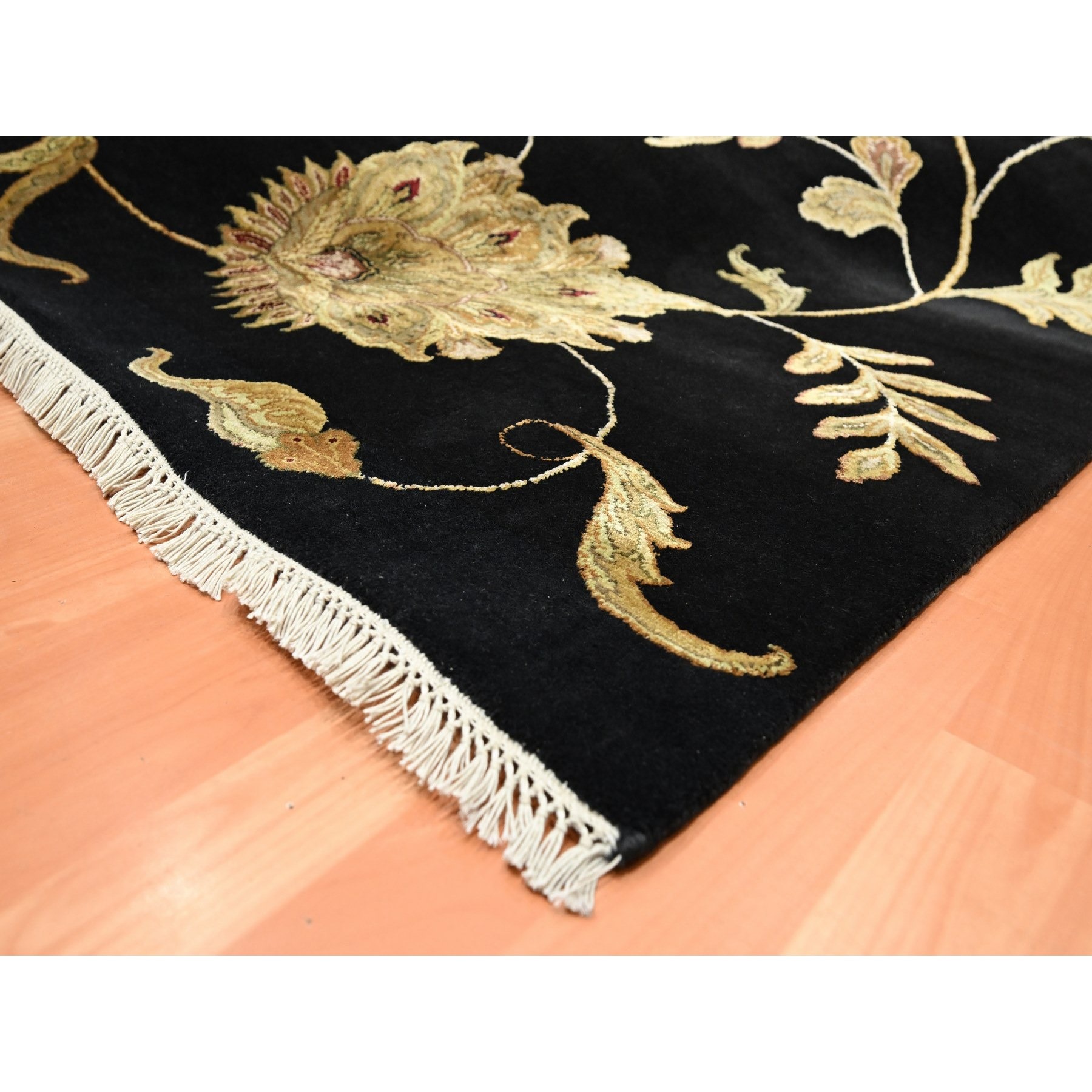 8'2'x10' Onyx Black, Borderless Botanical Design, Half Wool and Half Silk, Densely Woven, Soft Pile, Hand Knotted, Oriental Rug Sh75580