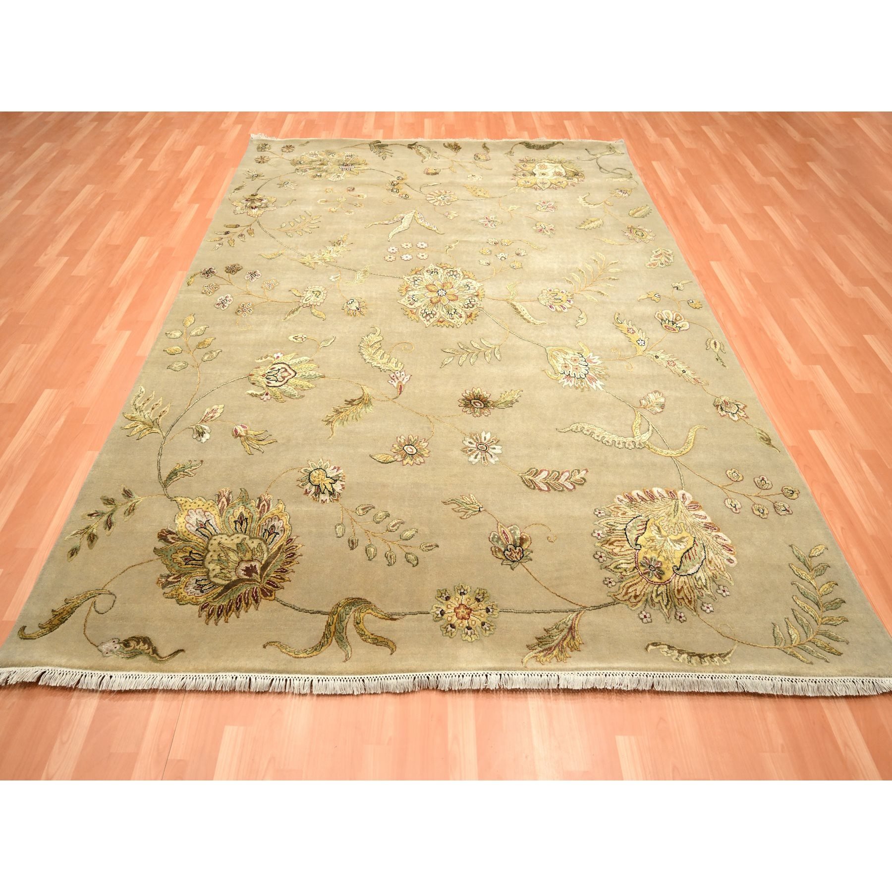 8'x10' Ecru Brown, Half Wool and Half Silk, Borderless Botanical Design, Densely Woven, Soft Pile, Hand Knotted, Oriental Rug Sh75581