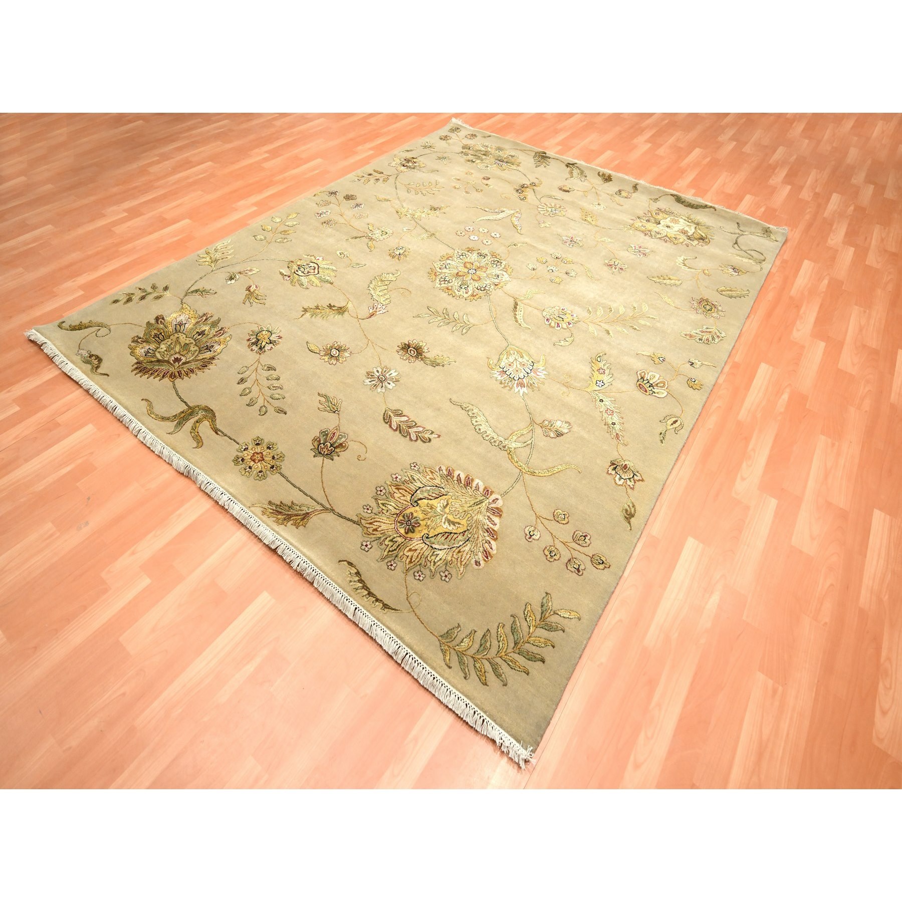 8'x10' Ecru Brown, Half Wool and Half Silk, Borderless Botanical Design, Densely Woven, Soft Pile, Hand Knotted, Oriental Rug Sh75581