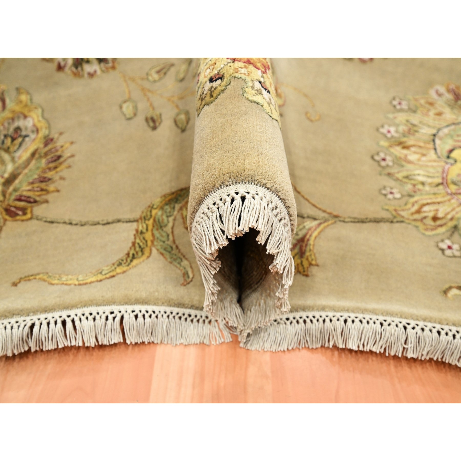 8'x10' Ecru Brown, Half Wool and Half Silk, Borderless Botanical Design, Densely Woven, Soft Pile, Hand Knotted, Oriental Rug Sh75581
