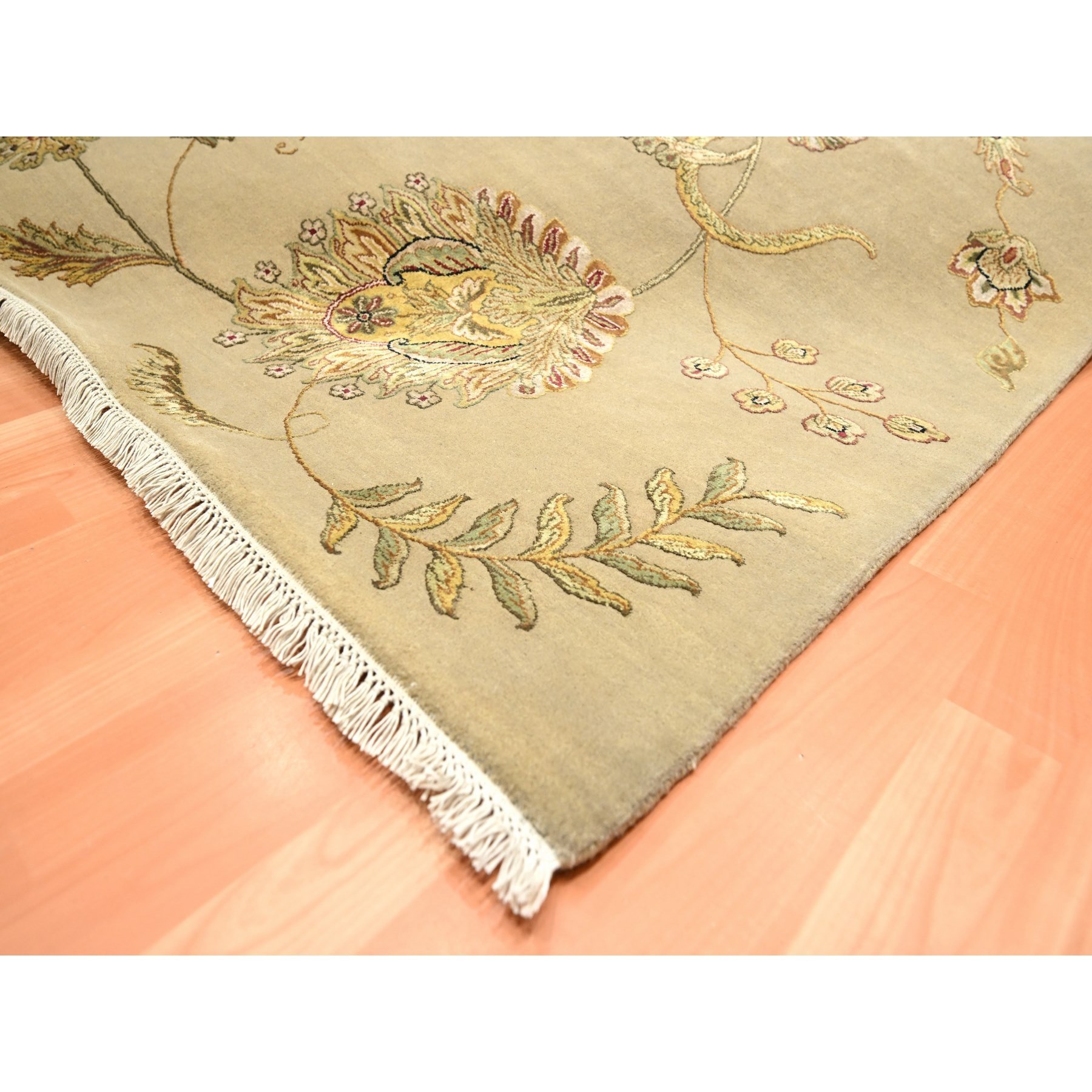 8'x10' Ecru Brown, Half Wool and Half Silk, Borderless Botanical Design, Densely Woven, Soft Pile, Hand Knotted, Oriental Rug Sh75581