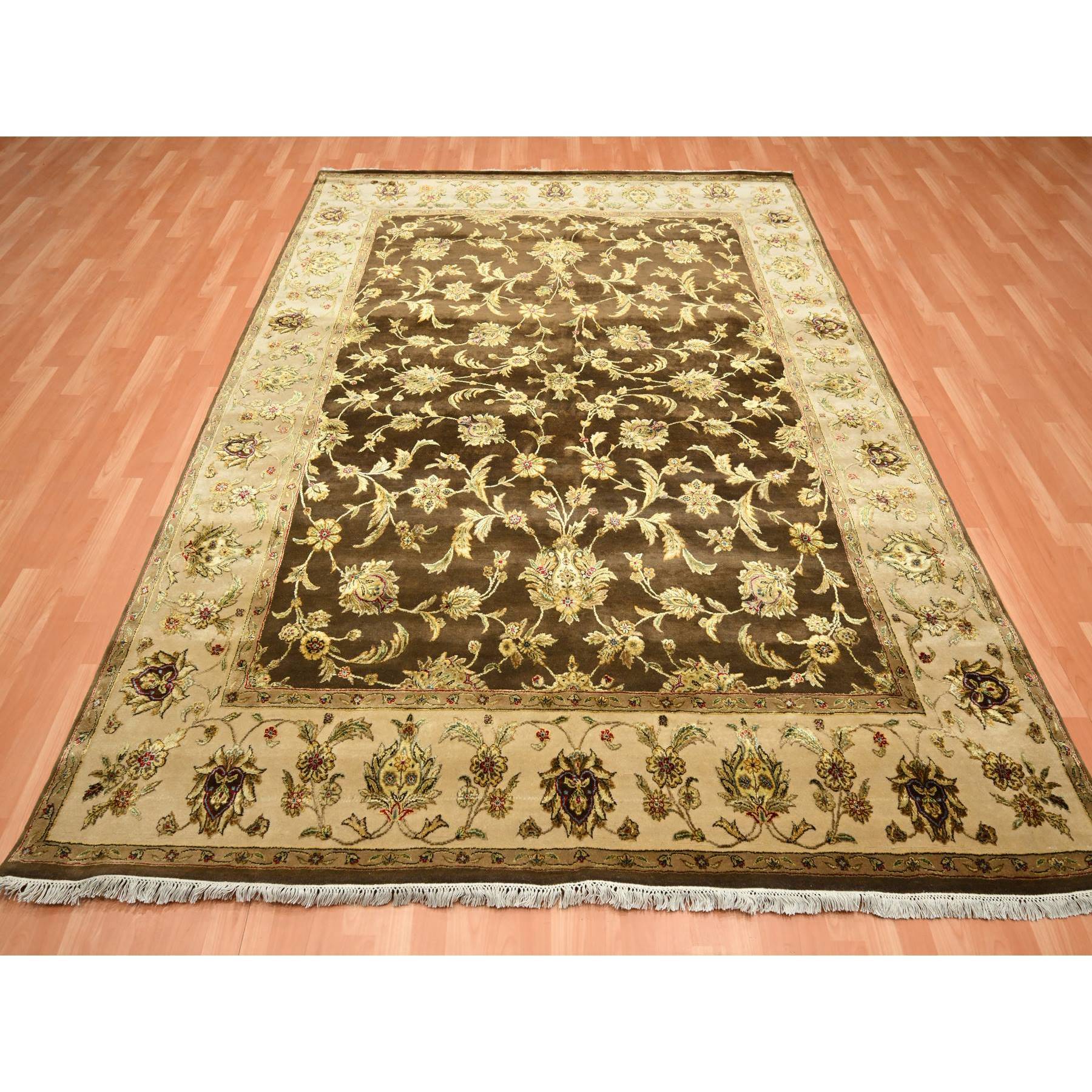 7'10"x10' Coffee Brown, Rajasthan with All Over Leaf Design, Hand Knotted, Wool and Silk, Soft Pile, Thick and Plush, Oriental Rug Sh75582