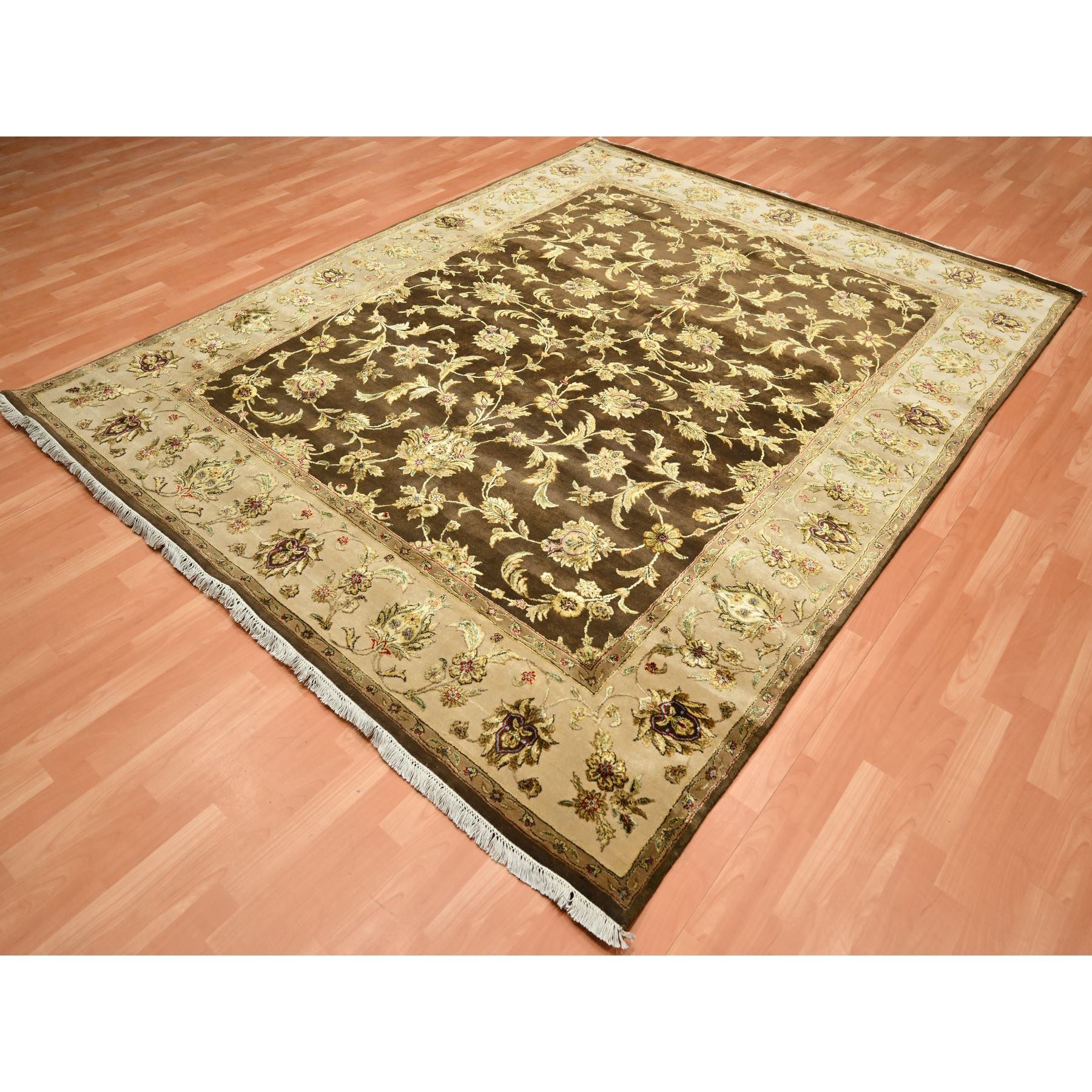 7'10"x10' Coffee Brown, Rajasthan with All Over Leaf Design, Hand Knotted, Wool and Silk, Soft Pile, Thick and Plush, Oriental Rug Sh75582