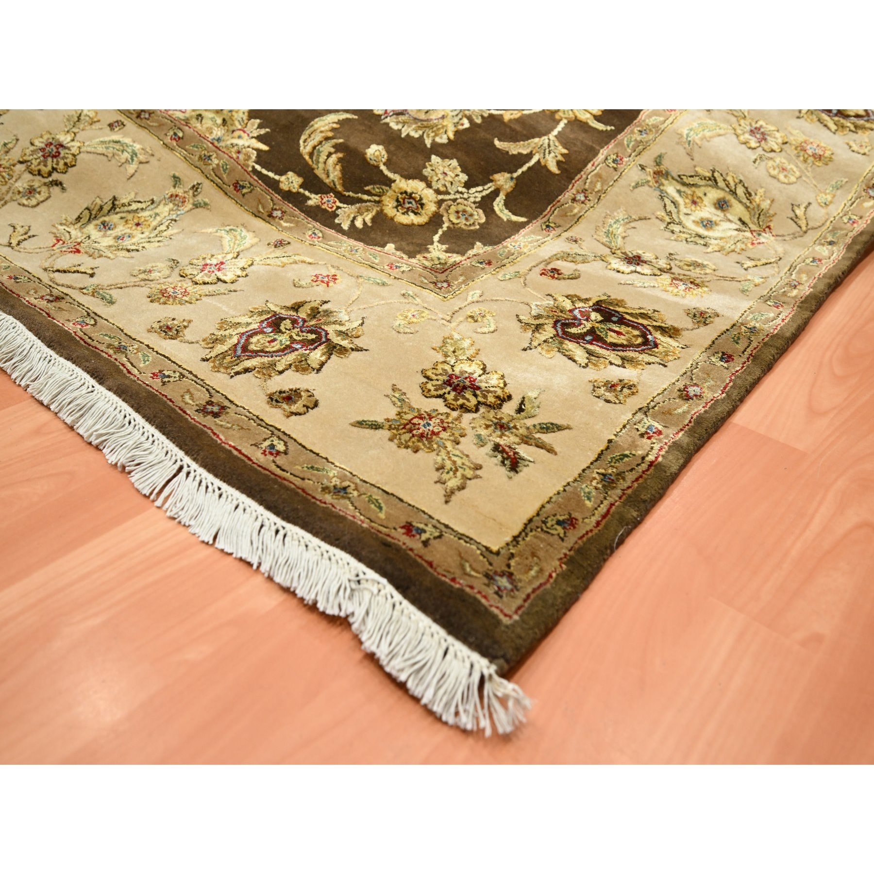 7'10"x10' Coffee Brown, Rajasthan with All Over Leaf Design, Hand Knotted, Wool and Silk, Soft Pile, Thick and Plush, Oriental Rug Sh75582