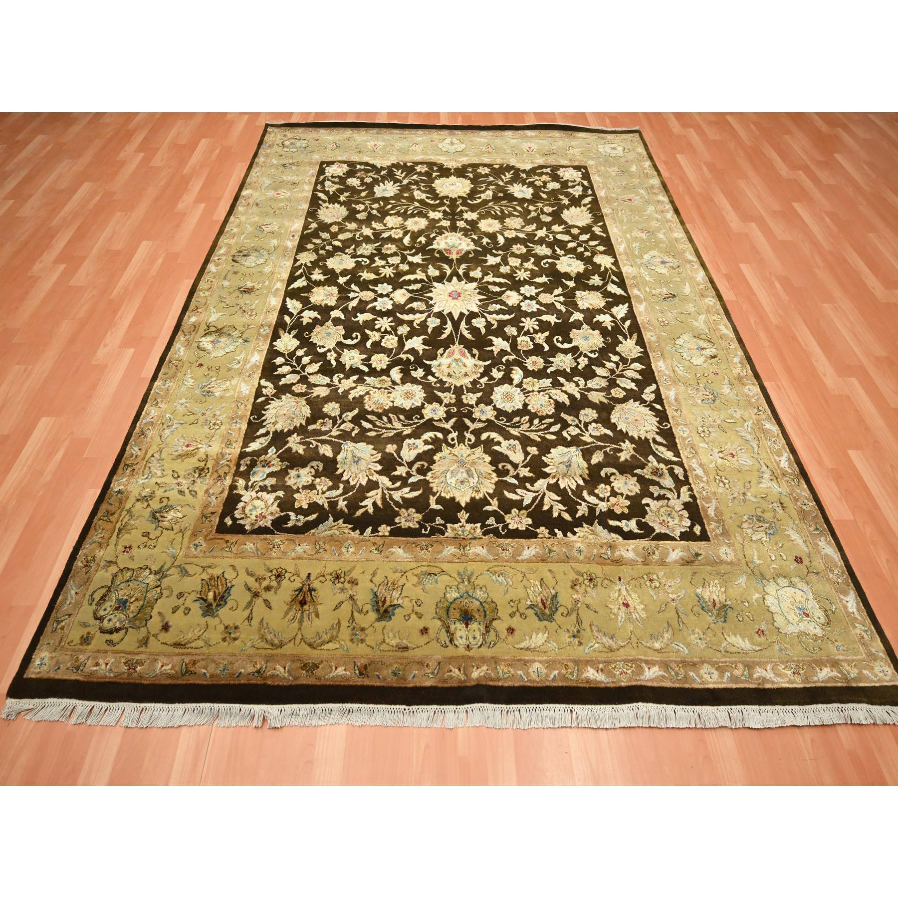 7'10"x10' Mocha Brown, Hand Knotted, Wool and Silk, Thick and Plush, Rajasthan with All Over Leaf Design, Densely Woven, Oriental Rug Sh75583
