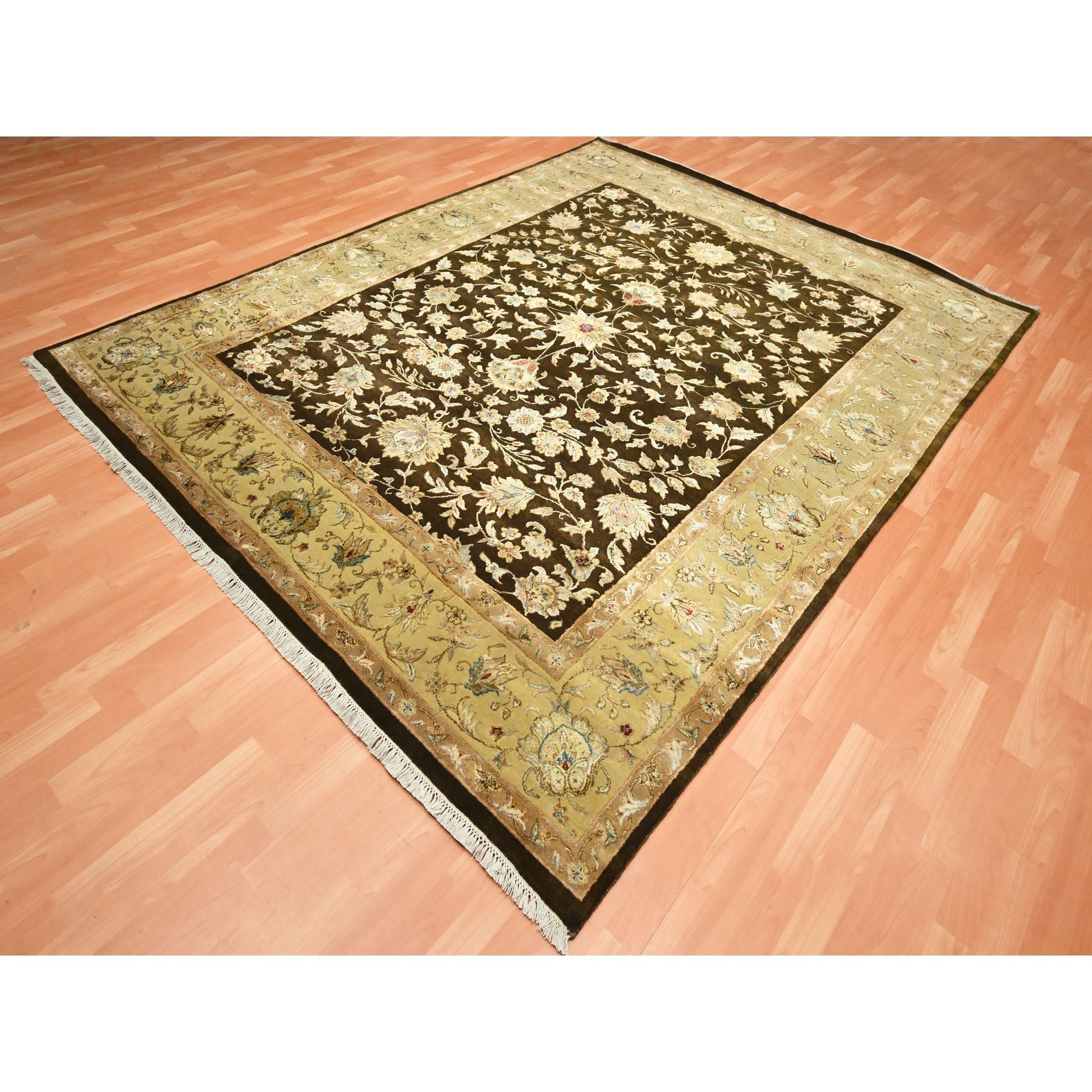 7'10"x10' Mocha Brown, Hand Knotted, Wool and Silk, Thick and Plush, Rajasthan with All Over Leaf Design, Densely Woven, Oriental Rug Sh75583