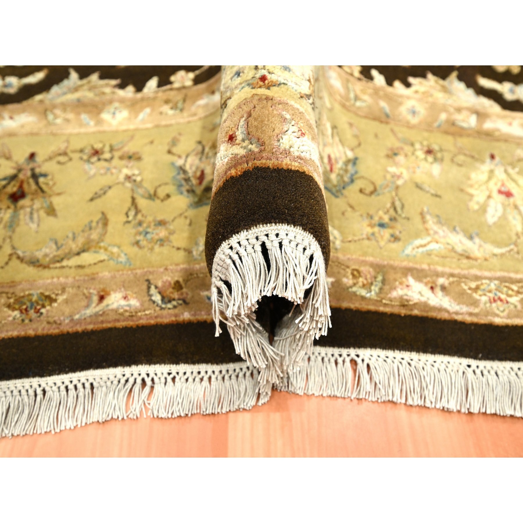 7'10"x10' Mocha Brown, Hand Knotted, Wool and Silk, Thick and Plush, Rajasthan with All Over Leaf Design, Densely Woven, Oriental Rug Sh75583