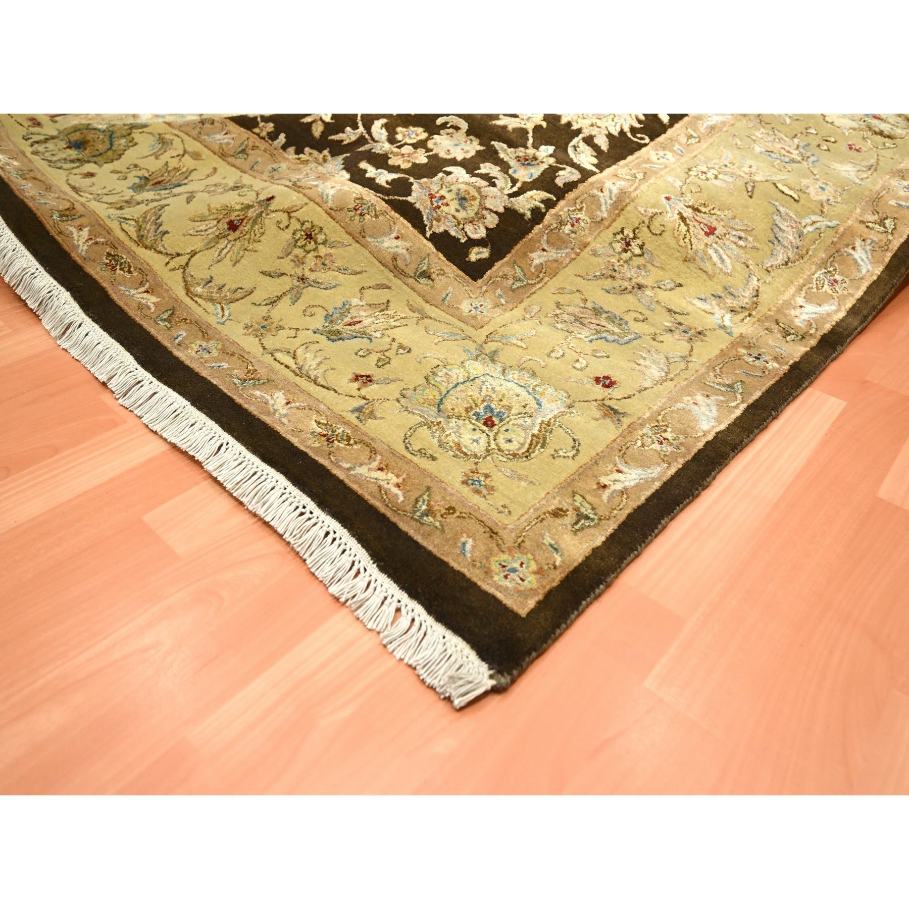 7'10"x10' Mocha Brown, Hand Knotted, Wool and Silk, Thick and Plush, Rajasthan with All Over Leaf Design, Densely Woven, Oriental Rug Sh75583