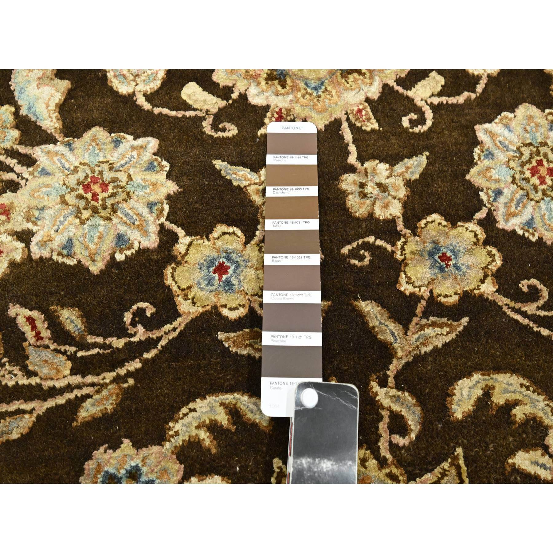 7'10"x10' Mocha Brown, Hand Knotted, Wool and Silk, Thick and Plush, Rajasthan with All Over Leaf Design, Densely Woven, Oriental Rug Sh75583