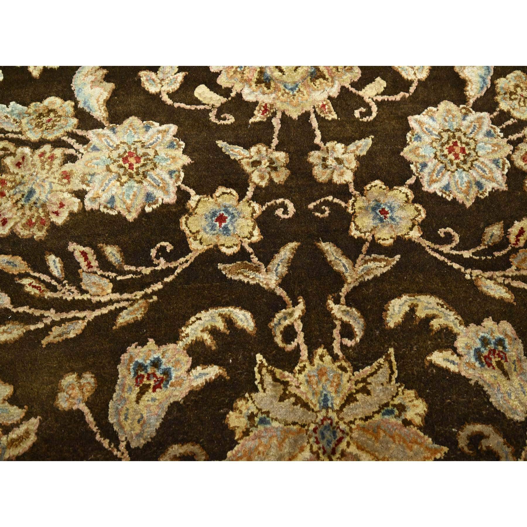 7'10"x10' Mocha Brown, Hand Knotted, Wool and Silk, Thick and Plush, Rajasthan with All Over Leaf Design, Densely Woven, Oriental Rug Sh75583