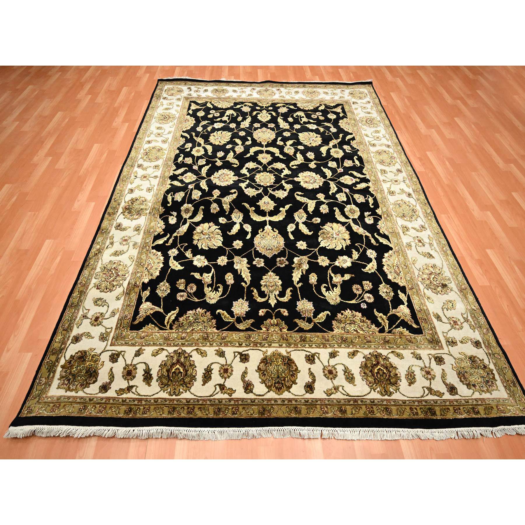 7'10"x10'4" Midnight Black, Hand Knotted, Rajasthan All Over Leaf Design, Soft Pile, Wool and Silk, Thick and Plush, Oriental Rug Sh75584