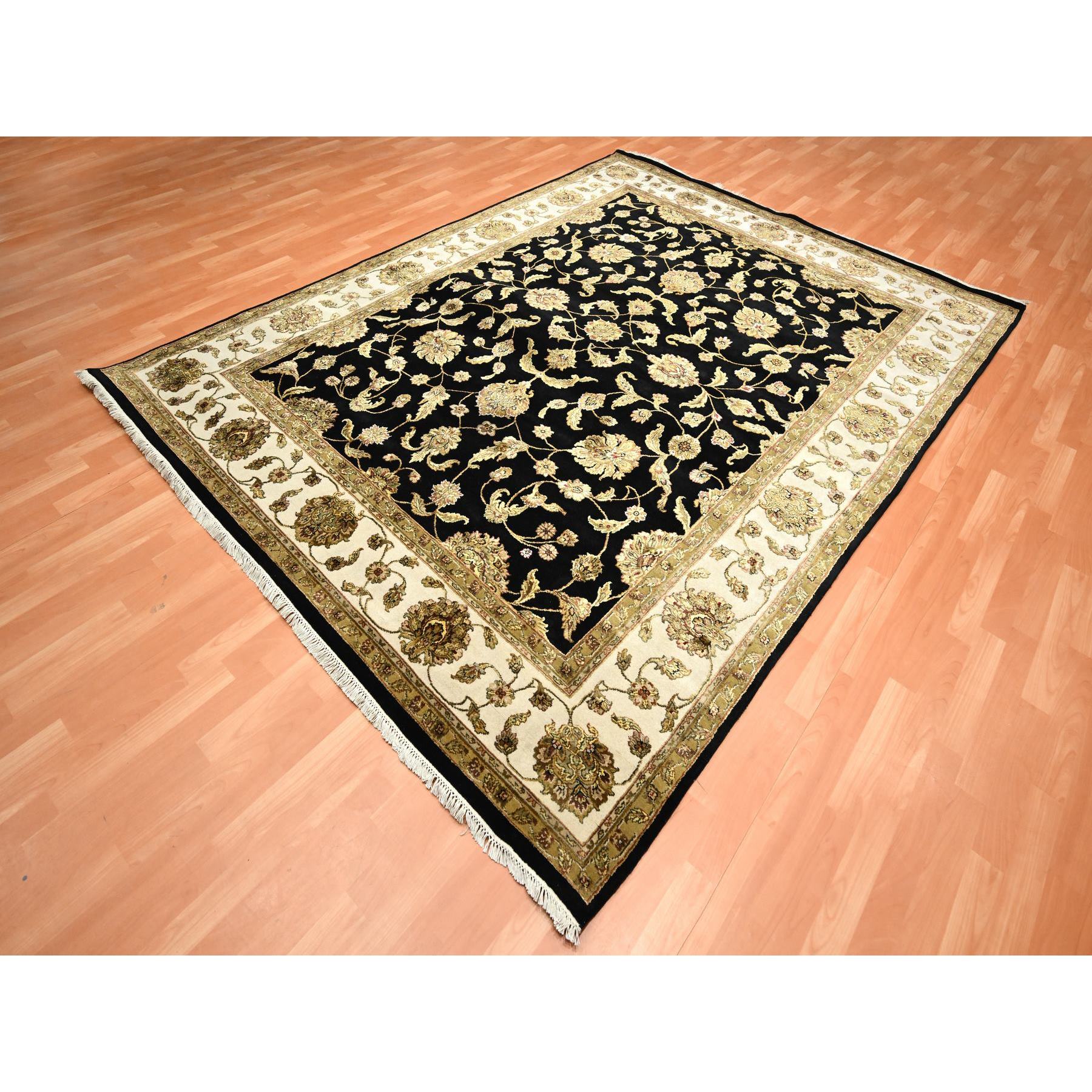 7'10"x10'4" Midnight Black, Hand Knotted, Rajasthan All Over Leaf Design, Soft Pile, Wool and Silk, Thick and Plush, Oriental Rug Sh75584
