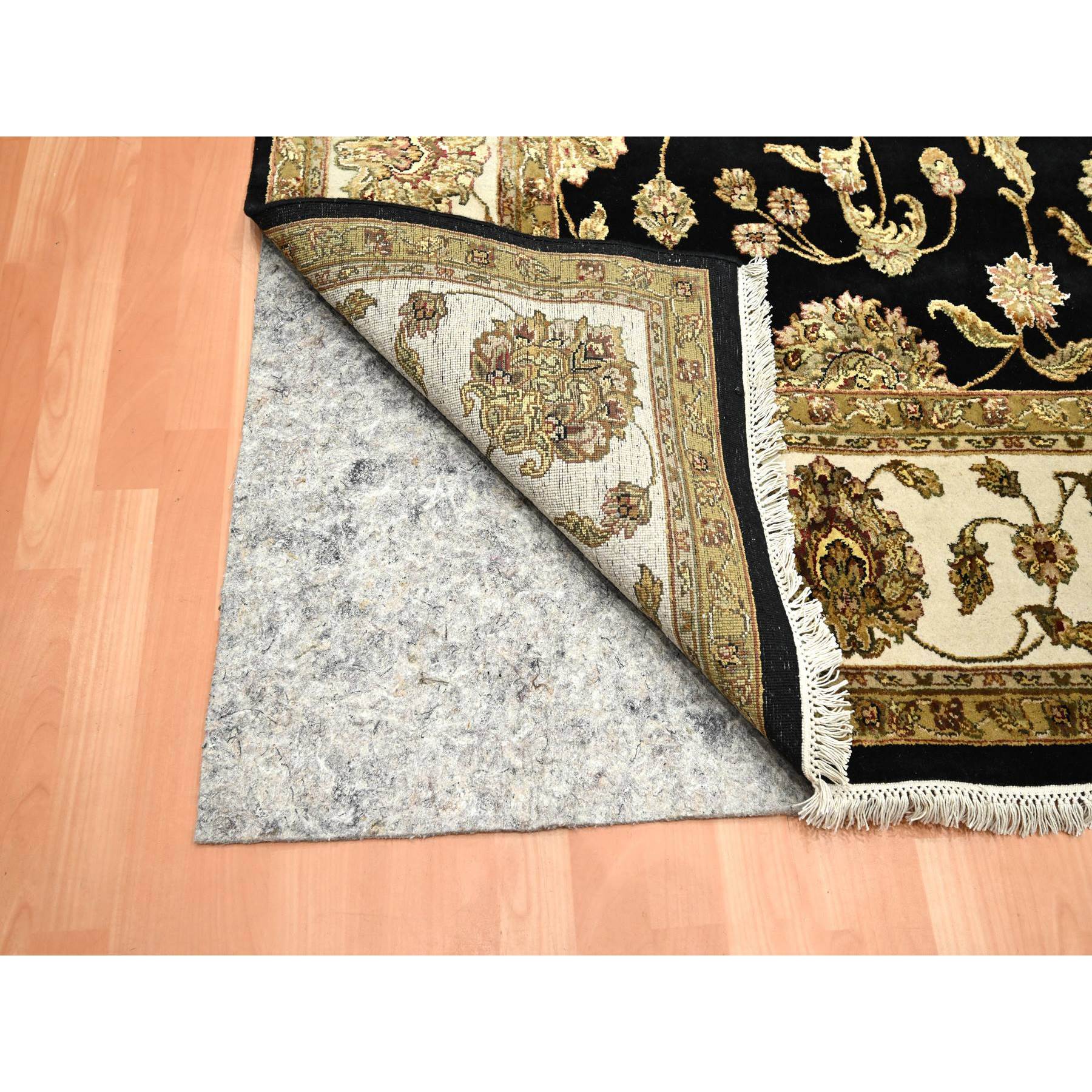 7'10"x10'4" Midnight Black, Hand Knotted, Rajasthan All Over Leaf Design, Soft Pile, Wool and Silk, Thick and Plush, Oriental Rug Sh75584
