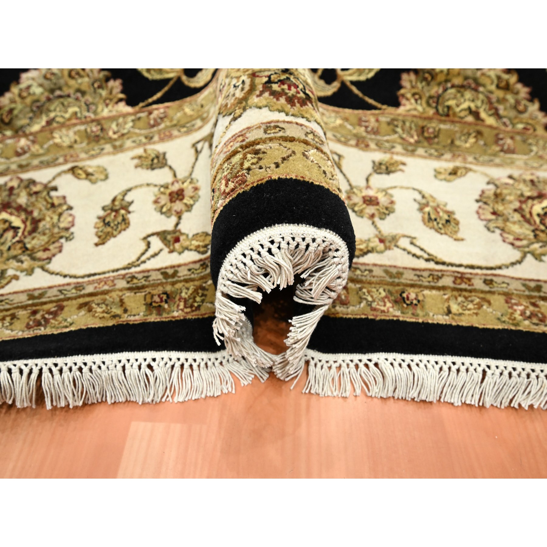 7'10"x10'4" Midnight Black, Hand Knotted, Rajasthan All Over Leaf Design, Soft Pile, Wool and Silk, Thick and Plush, Oriental Rug Sh75584