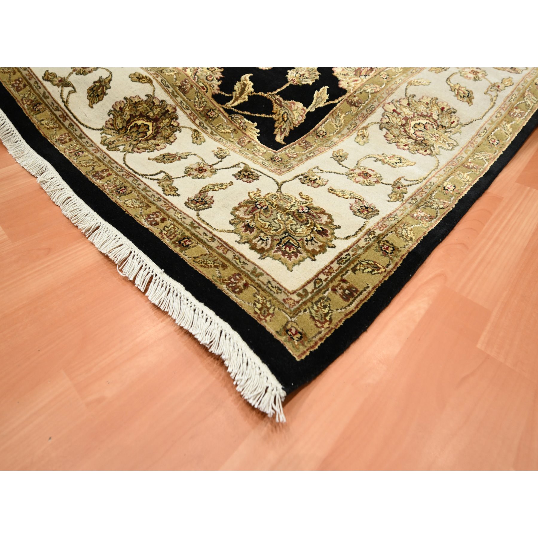 7'10"x10'4" Midnight Black, Hand Knotted, Rajasthan All Over Leaf Design, Soft Pile, Wool and Silk, Thick and Plush, Oriental Rug Sh75584