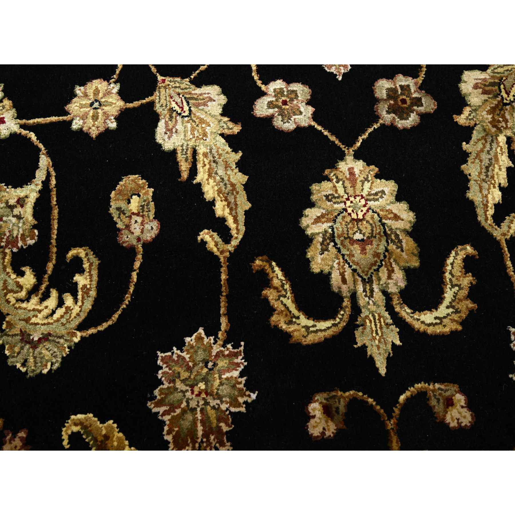 7'10"x10'4" Midnight Black, Hand Knotted, Rajasthan All Over Leaf Design, Soft Pile, Wool and Silk, Thick and Plush, Oriental Rug Sh75584
